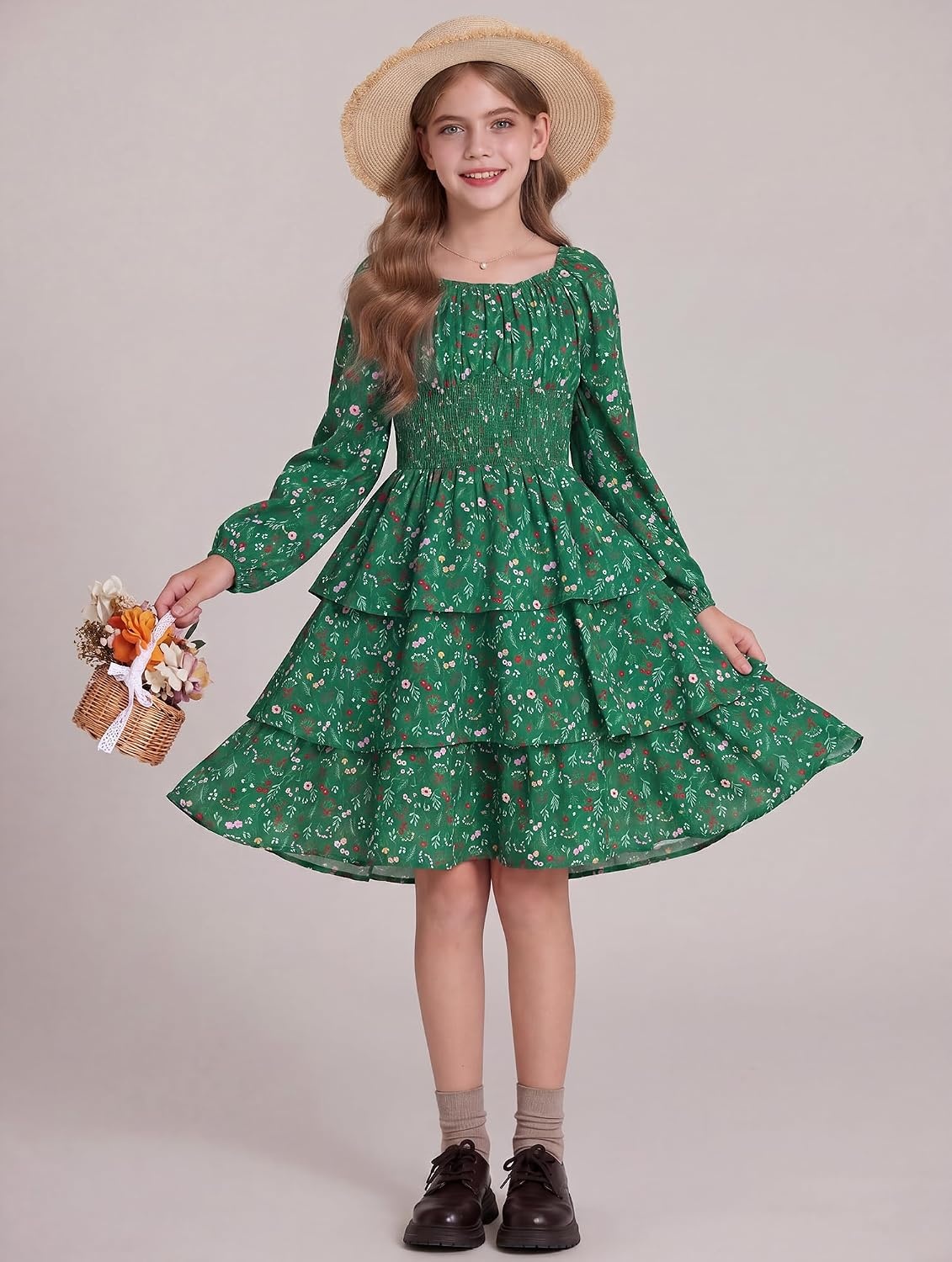 image:imageGRACE KARIN Girls Fall Long Sleeve Floral Christmas Cute Shirred Dress 716Green Flower