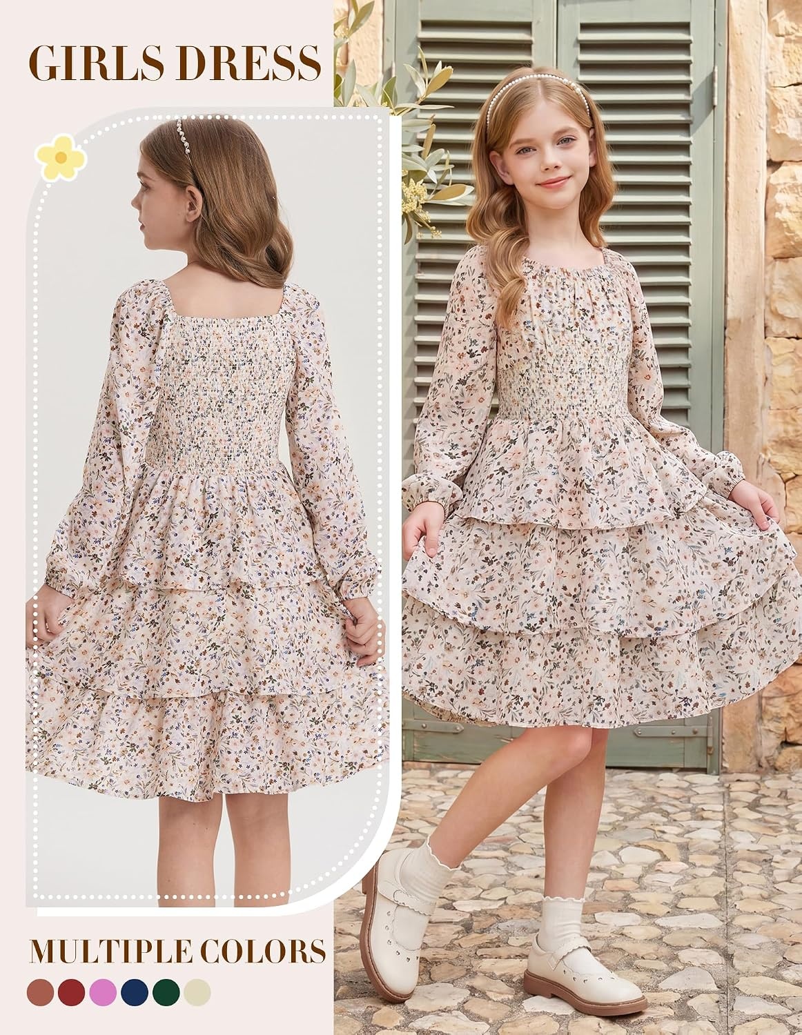 image:imageGRACE KARIN Girls Fall Long Sleeve Floral Christmas Cute Shirred Dress 716Khaki Flower