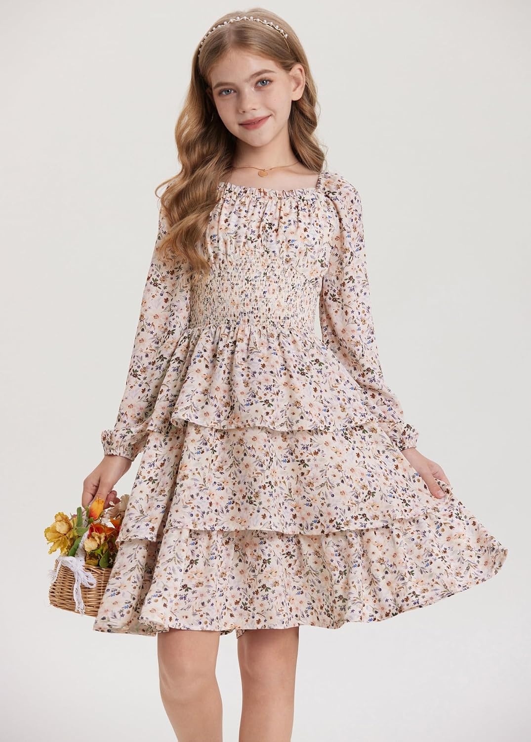 image:imageGRACE KARIN Girls Fall Long Sleeve Floral Christmas Cute Shirred Dress 716Khaki Flower