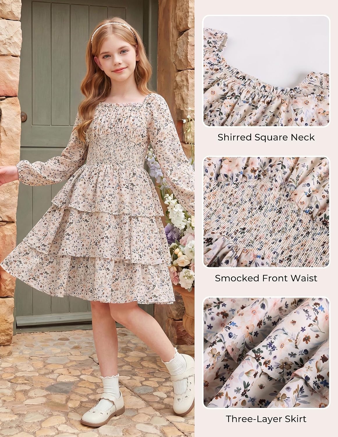 image:imageGRACE KARIN Girls Fall Long Sleeve Floral Christmas Cute Shirred Dress 716Khaki Flower