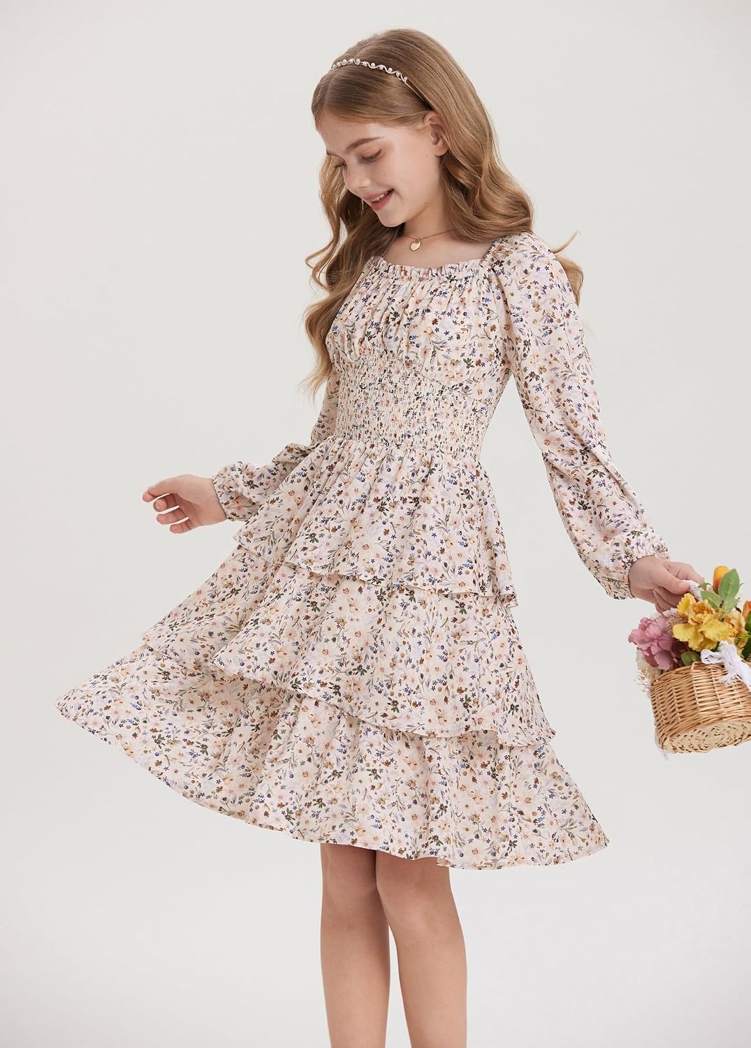 image:imageGRACE KARIN Girls Fall Long Sleeve Floral Christmas Cute Shirred Dress 716Khaki Flower