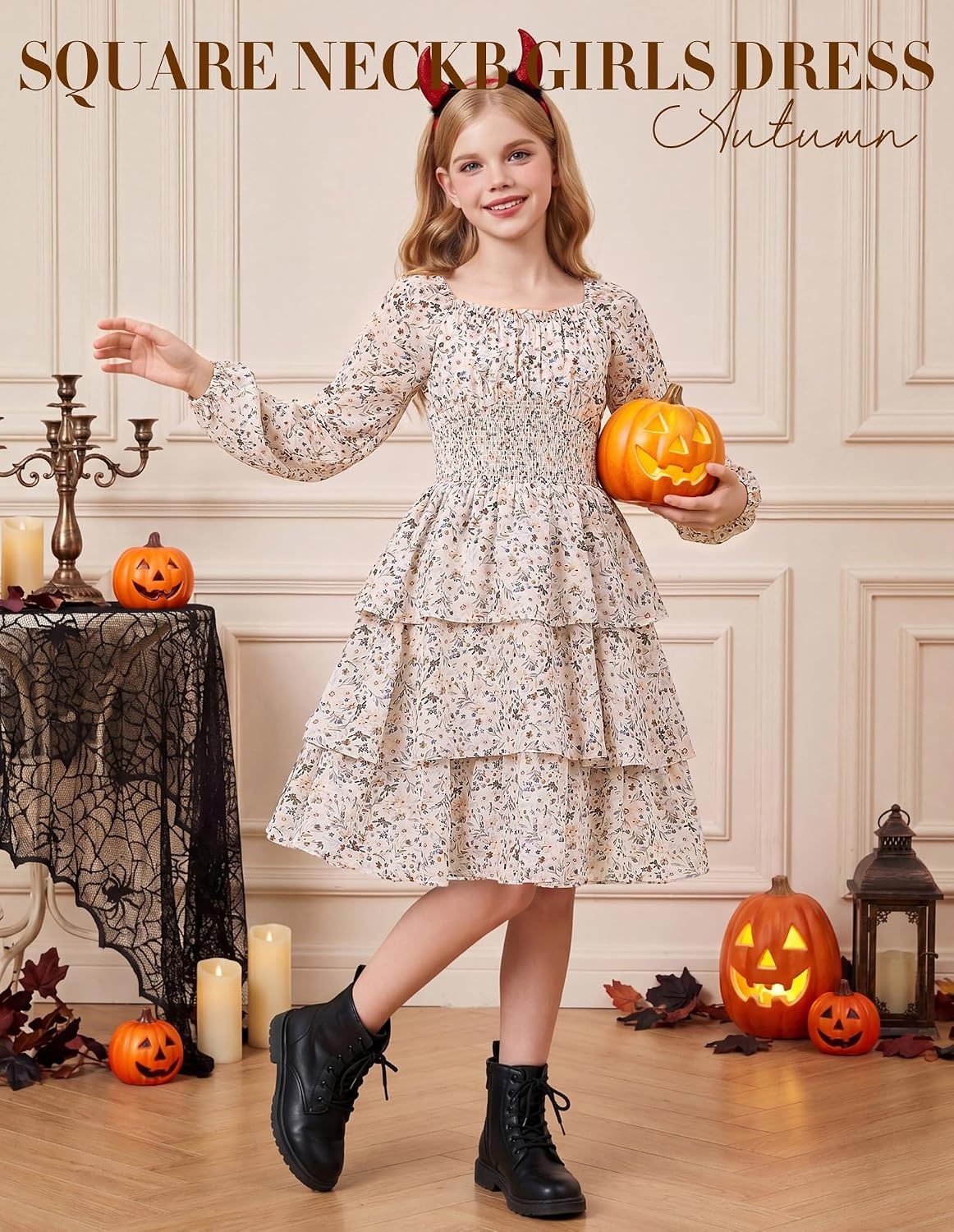 image:imageGRACE KARIN Girls Fall Long Sleeve Floral Christmas Cute Shirred Dress 716Khaki Flower