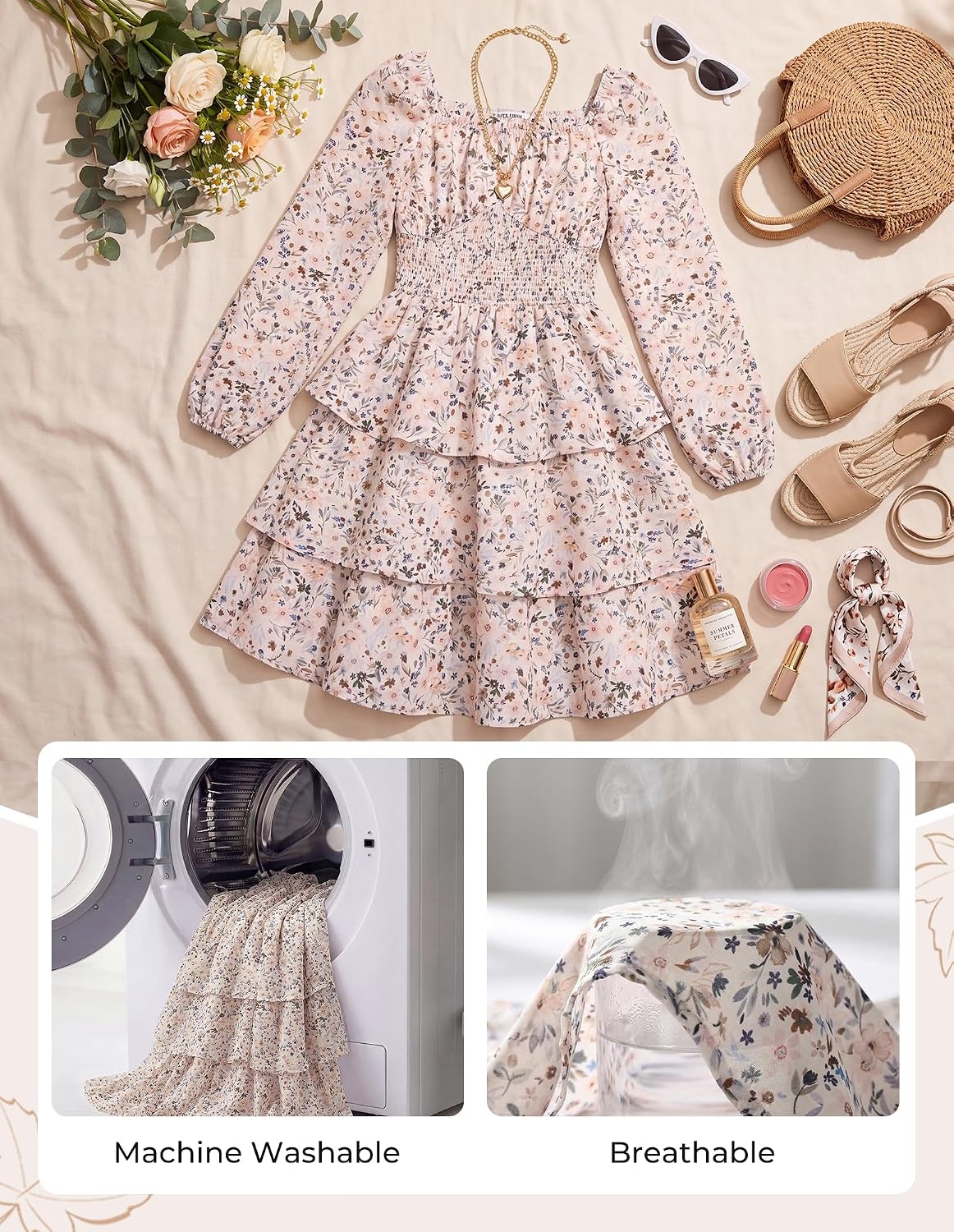 image:imageGRACE KARIN Girls Fall Long Sleeve Floral Christmas Cute Shirred Dress 716Khaki Flower
