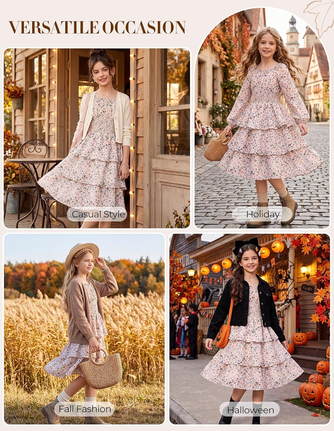 image:imageGRACE KARIN Girls Fall Long Sleeve Floral Christmas Cute Shirred Dress 716Khaki Flower