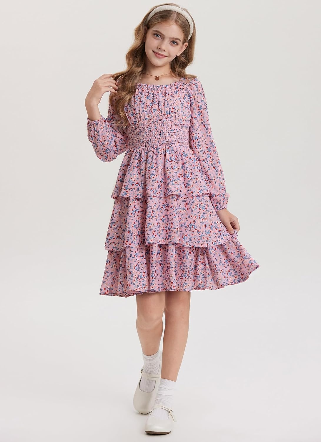 image:imageGRACE KARIN Girls Fall Long Sleeve Floral Christmas Cute Shirred Dress 716Pink Blue Flowers