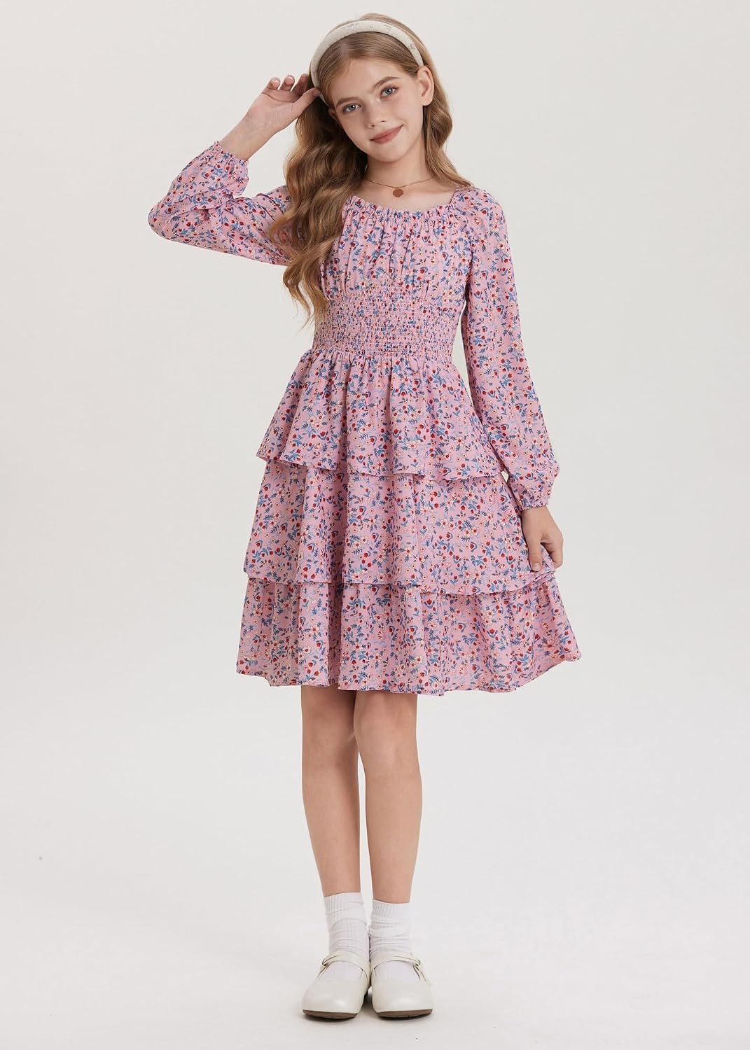 image:imageGRACE KARIN Girls Fall Long Sleeve Floral Christmas Cute Shirred Dress 716Pink Blue Flowers