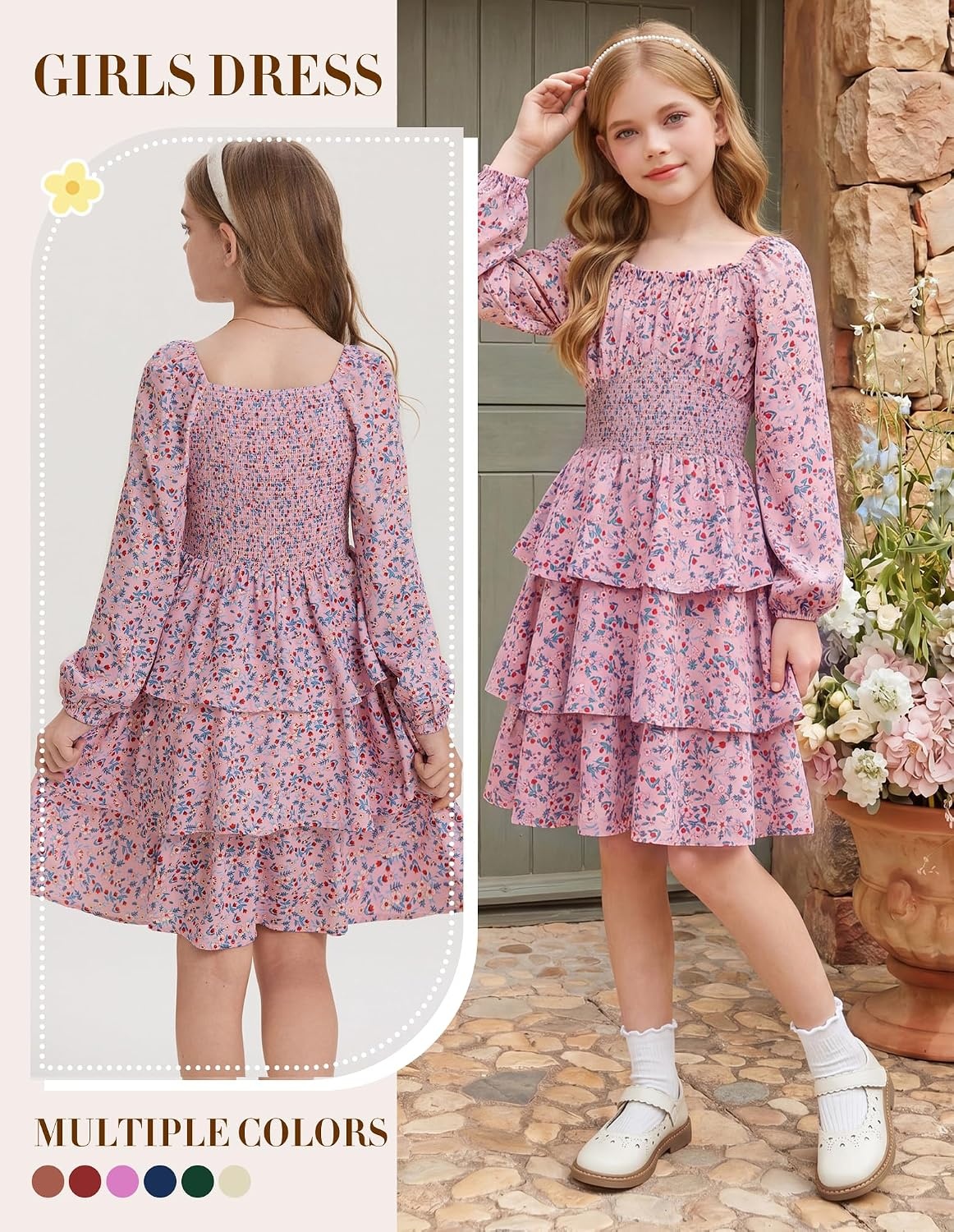 image:imageGRACE KARIN Girls Fall Long Sleeve Floral Christmas Cute Shirred Dress 716Pink Blue Flowers