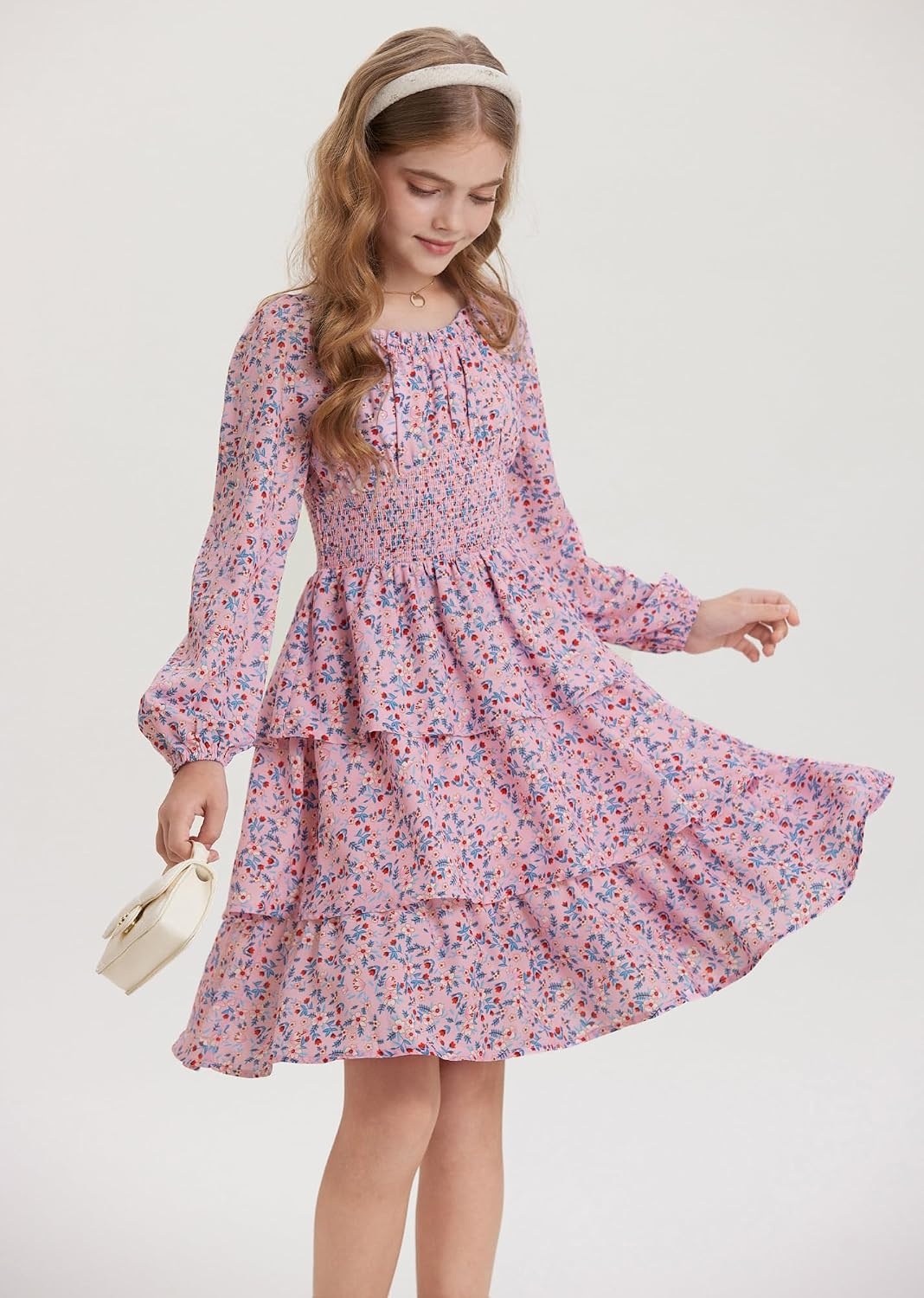 image:imageGRACE KARIN Girls Fall Long Sleeve Floral Christmas Cute Shirred Dress 716Pink Blue Flowers