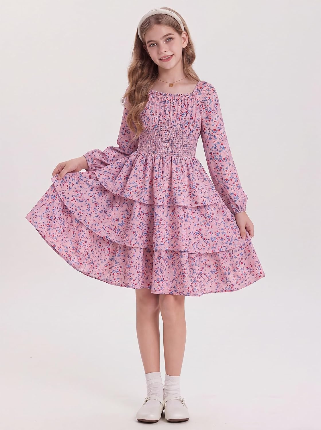 image:imageGRACE KARIN Girls Fall Long Sleeve Floral Christmas Cute Shirred Dress 716Pink Blue Flowers