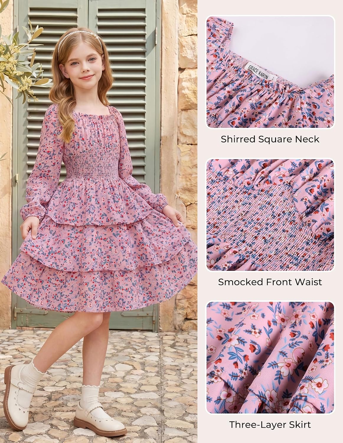 image:imageGRACE KARIN Girls Fall Long Sleeve Floral Christmas Cute Shirred Dress 716Pink Blue Flowers