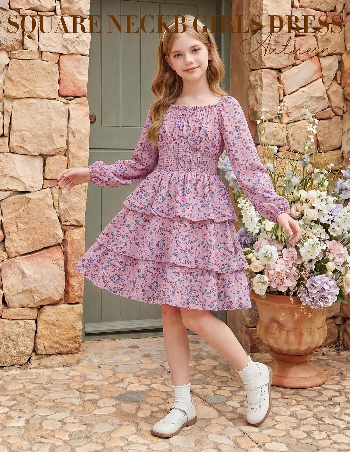 image:imageGRACE KARIN Girls Fall Long Sleeve Floral Christmas Cute Shirred Dress 716Pink Blue Flowers