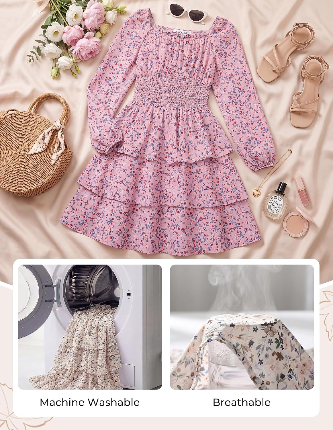 image:imageGRACE KARIN Girls Fall Long Sleeve Floral Christmas Cute Shirred Dress 716Pink Blue Flowers
