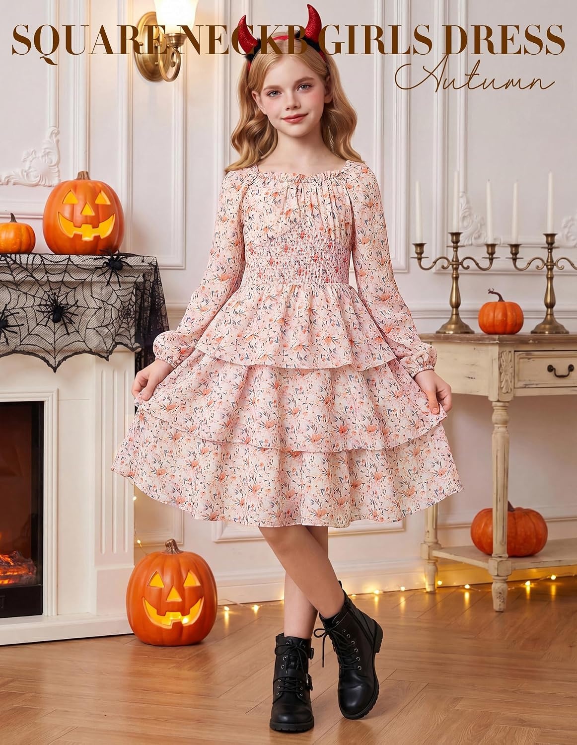 image:imageGRACE KARIN Girls Fall Long Sleeve Floral Christmas Cute Shirred Dress 716Pink Orange Flowers