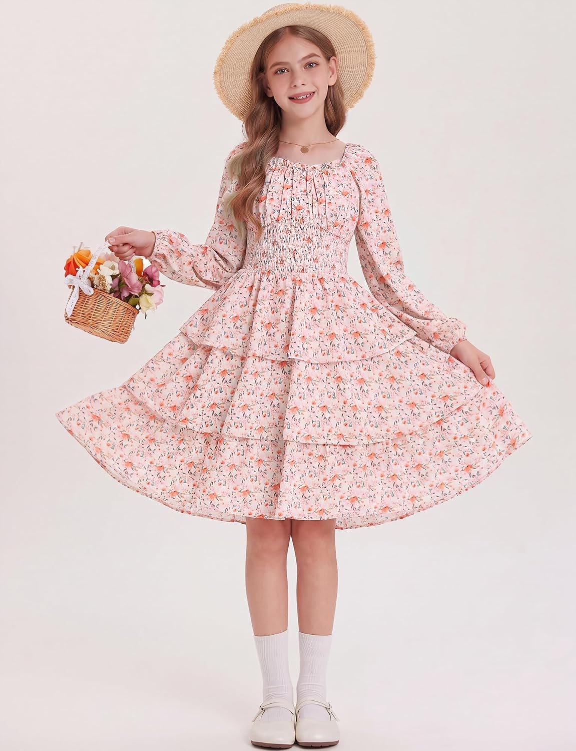 image:imageGRACE KARIN Girls Fall Long Sleeve Floral Christmas Cute Shirred Dress 716Pink Orange Flowers