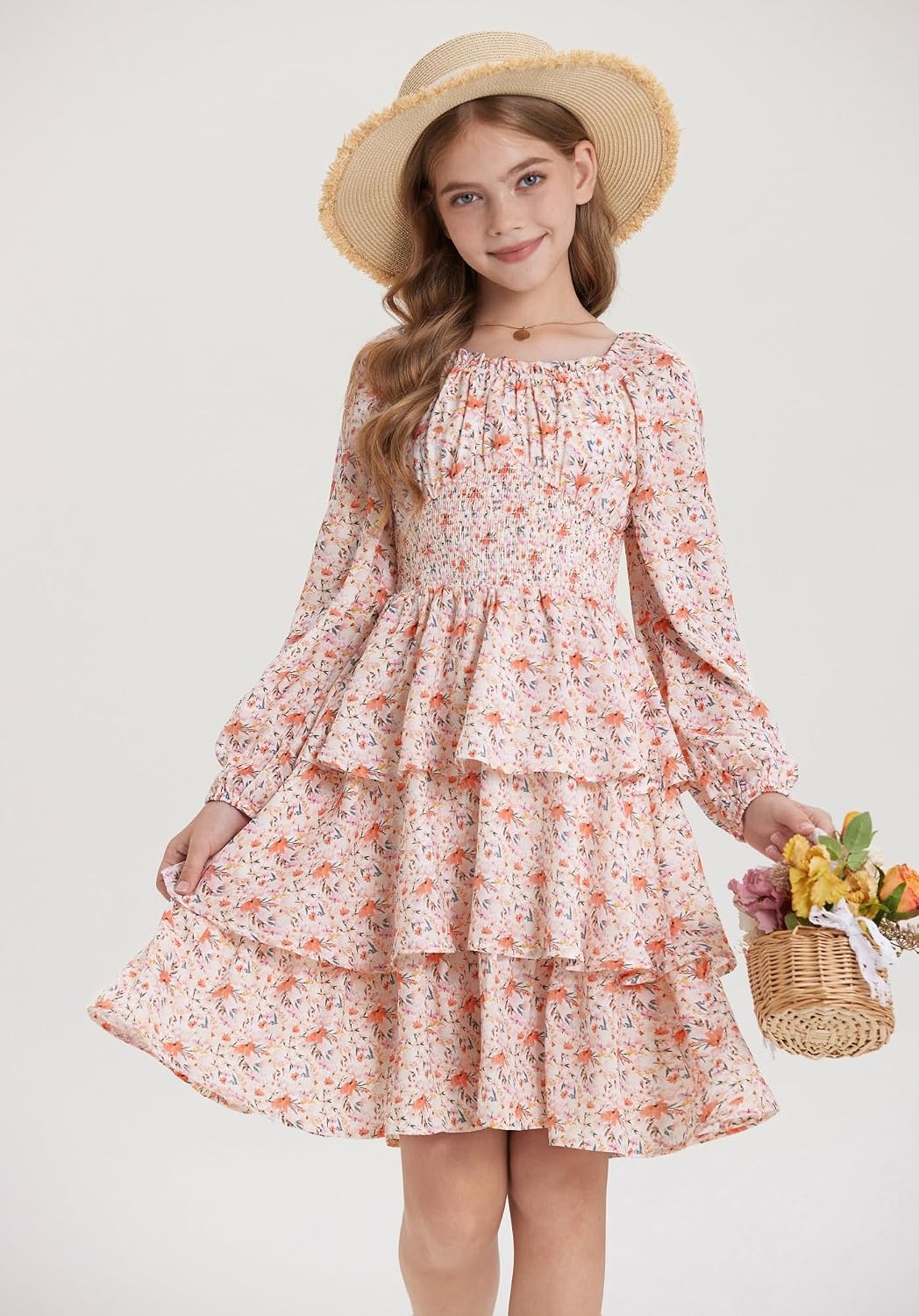 image:imageGRACE KARIN Girls Fall Long Sleeve Floral Christmas Cute Shirred Dress 716Pink Orange Flowers