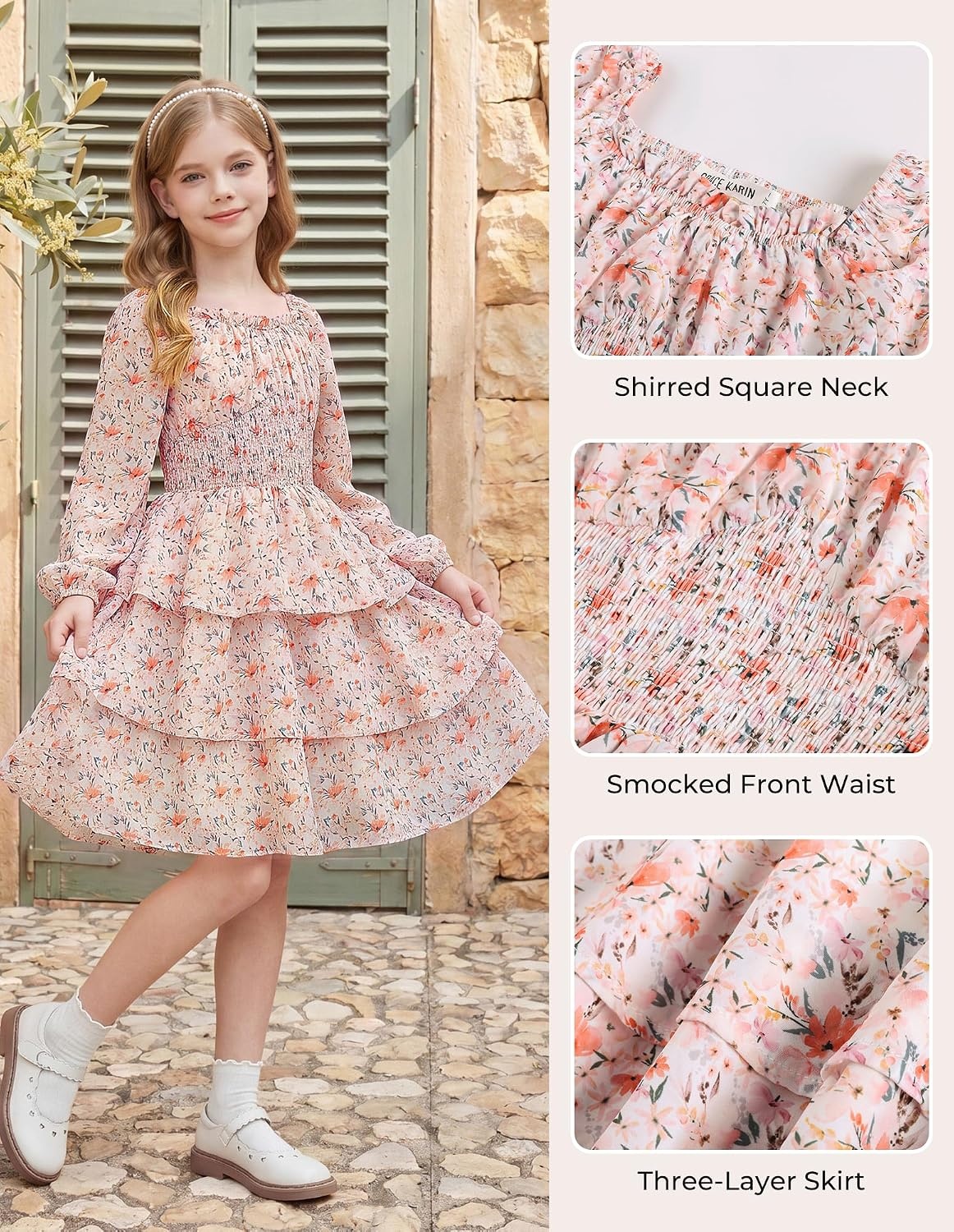 image:imageGRACE KARIN Girls Fall Long Sleeve Floral Christmas Cute Shirred Dress 716Pink Orange Flowers