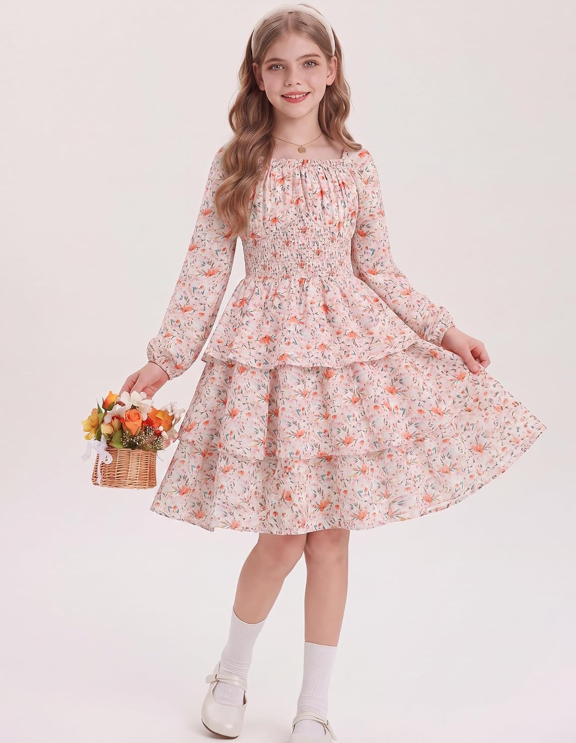 image:imageGRACE KARIN Girls Fall Long Sleeve Floral Christmas Cute Shirred Dress 716Pink Orange Flowers