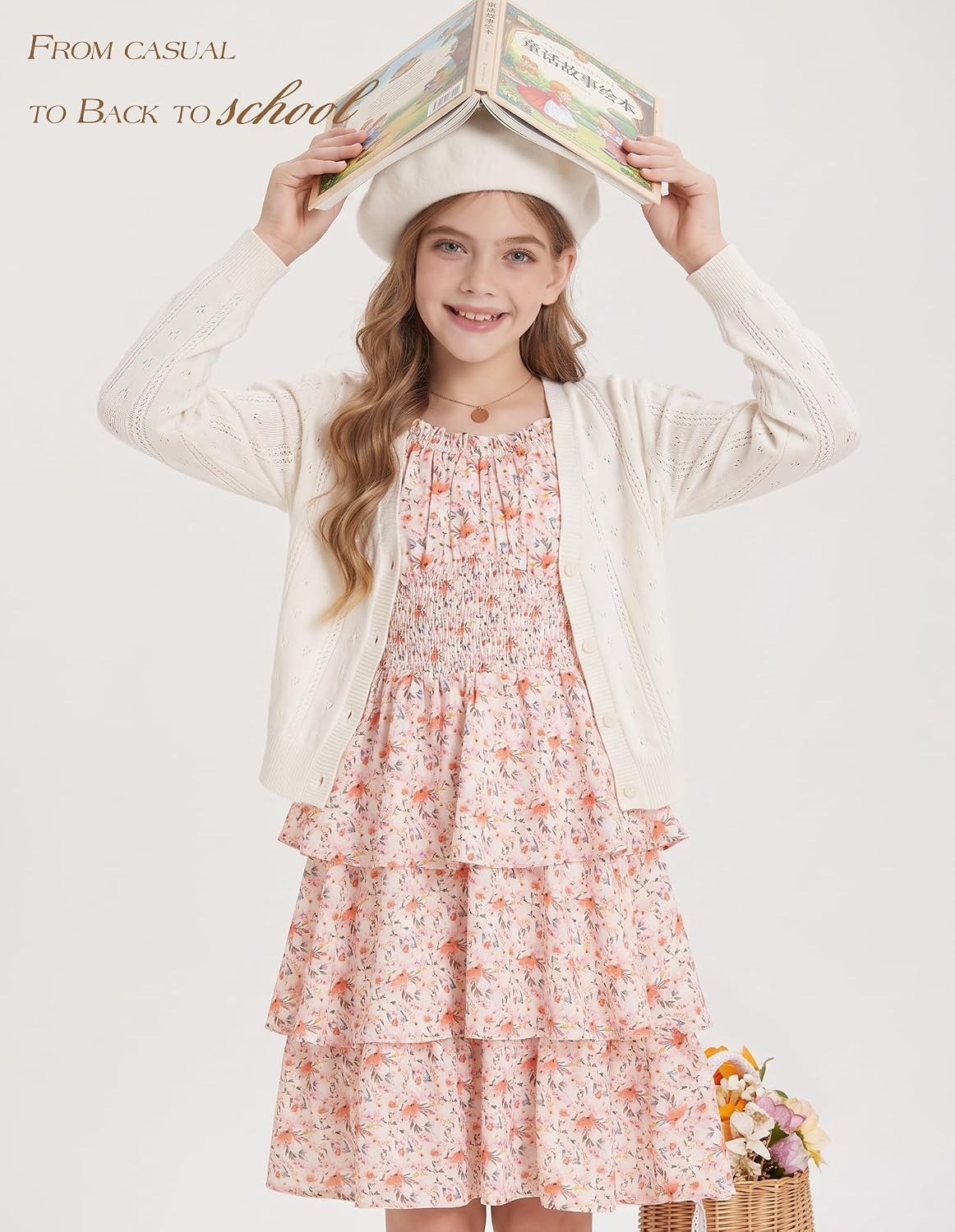 image:imageGRACE KARIN Girls Fall Long Sleeve Floral Christmas Cute Shirred Dress 716Pink Orange Flowers