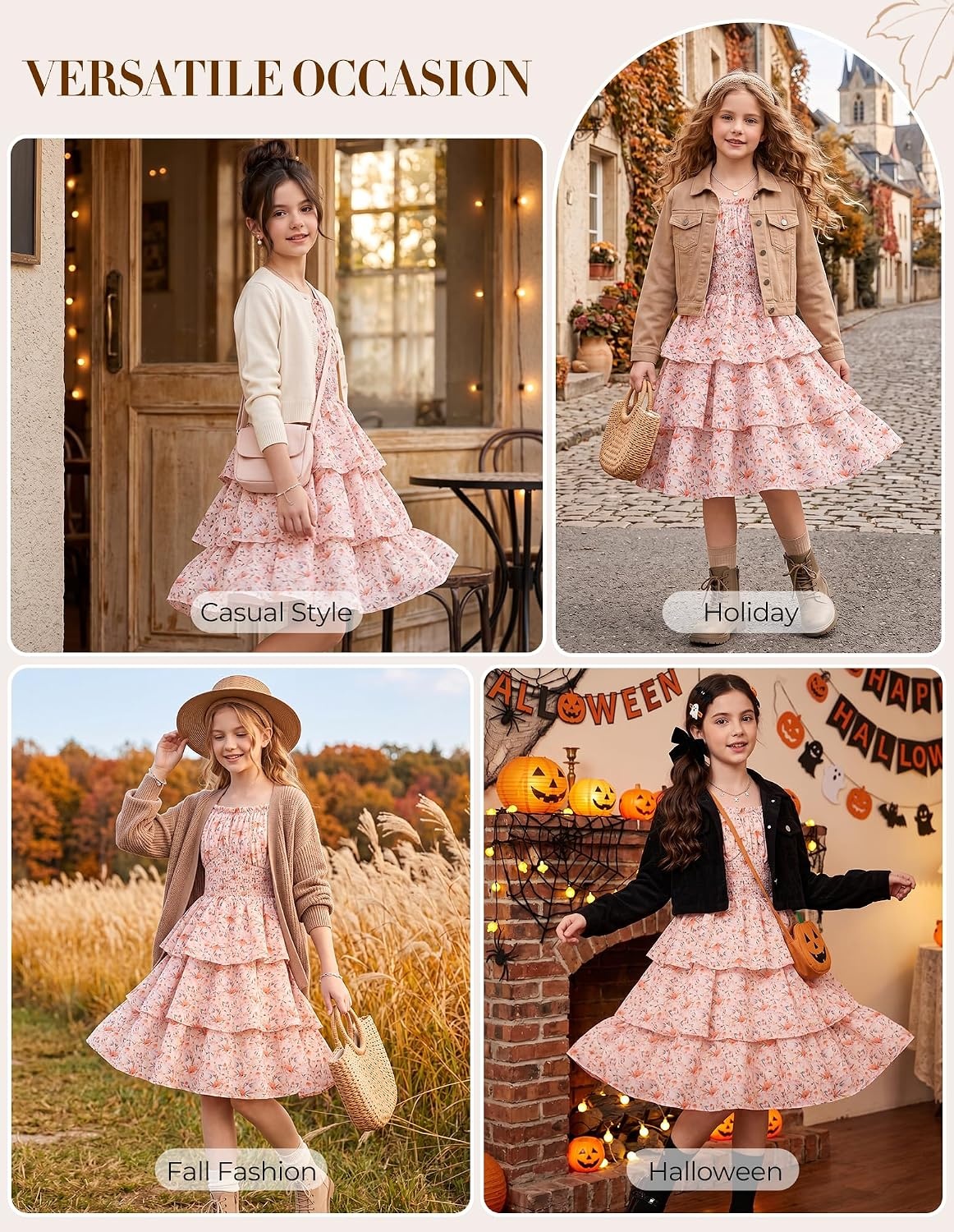 image:imageGRACE KARIN Girls Fall Long Sleeve Floral Christmas Cute Shirred Dress 716Pink Orange Flowers