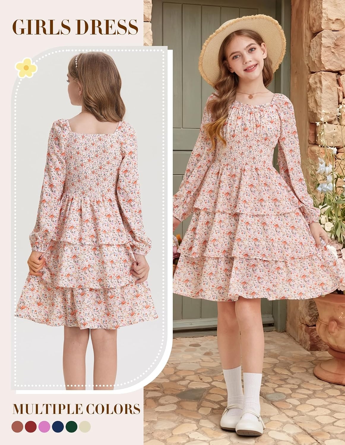 image:imageGRACE KARIN Girls Fall Long Sleeve Floral Christmas Cute Shirred Dress 716Pink Orange Flowers