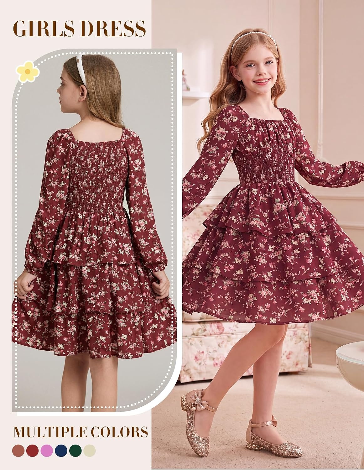 image:imageGRACE KARIN Girls Fall Long Sleeve Floral Christmas Cute Shirred Dress 716Winered Flowers