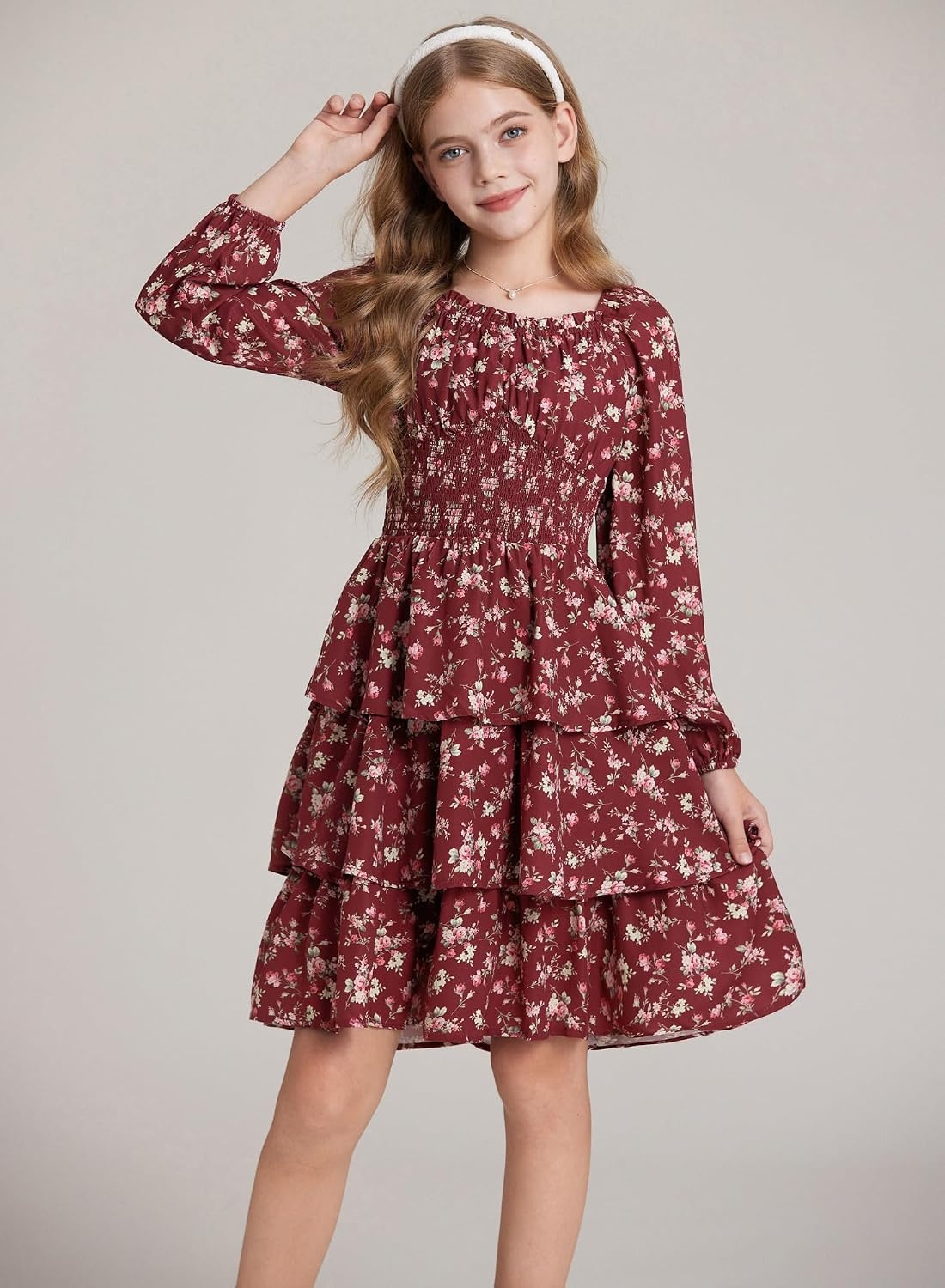 image:imageGRACE KARIN Girls Fall Long Sleeve Floral Christmas Cute Shirred Dress 716Winered Flowers