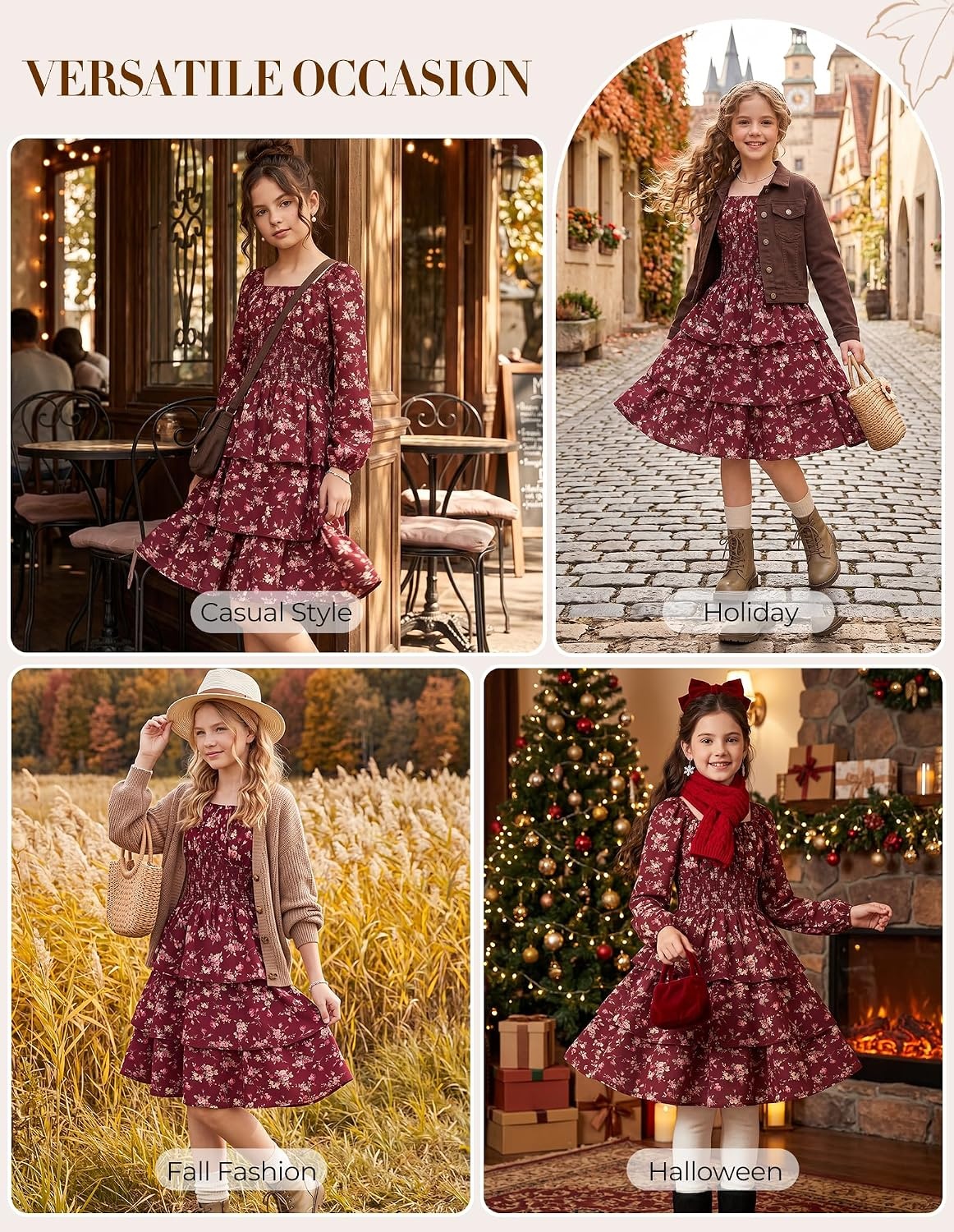 image:imageGRACE KARIN Girls Fall Long Sleeve Floral Christmas Cute Shirred Dress 716Winered Flowers