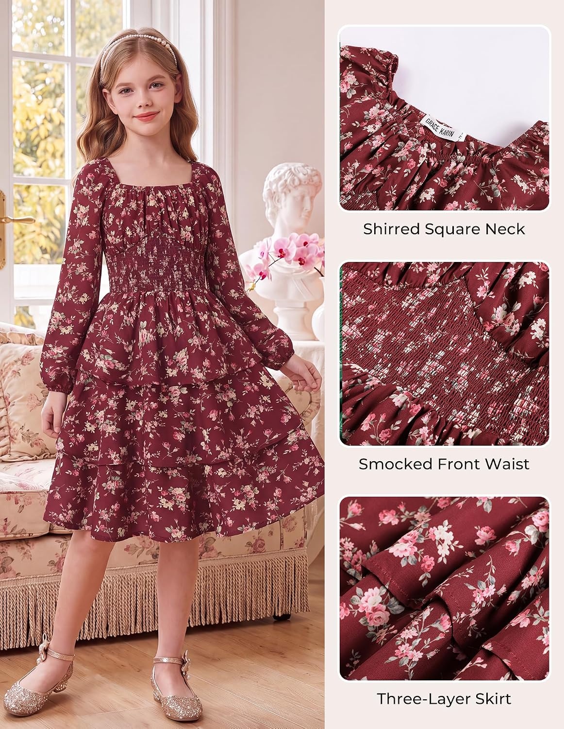 image:imageGRACE KARIN Girls Fall Long Sleeve Floral Christmas Cute Shirred Dress 716Winered Flowers