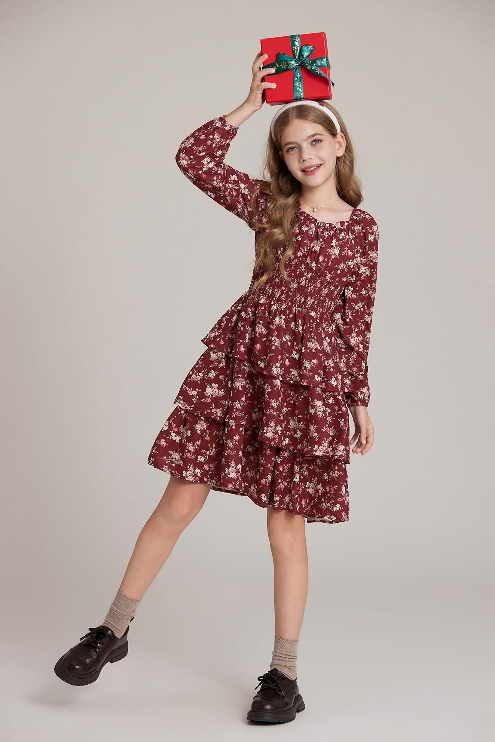 image:imageGRACE KARIN Girls Fall Long Sleeve Floral Christmas Cute Shirred Dress 716Winered Flowers