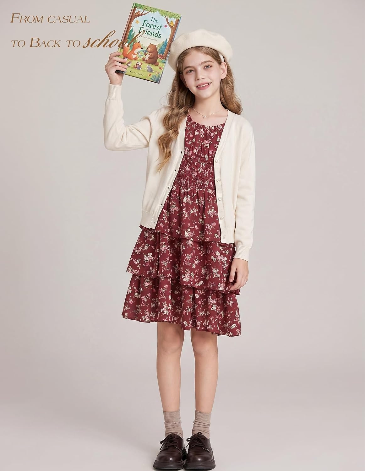 image:imageGRACE KARIN Girls Fall Long Sleeve Floral Christmas Cute Shirred Dress 716Winered Flowers