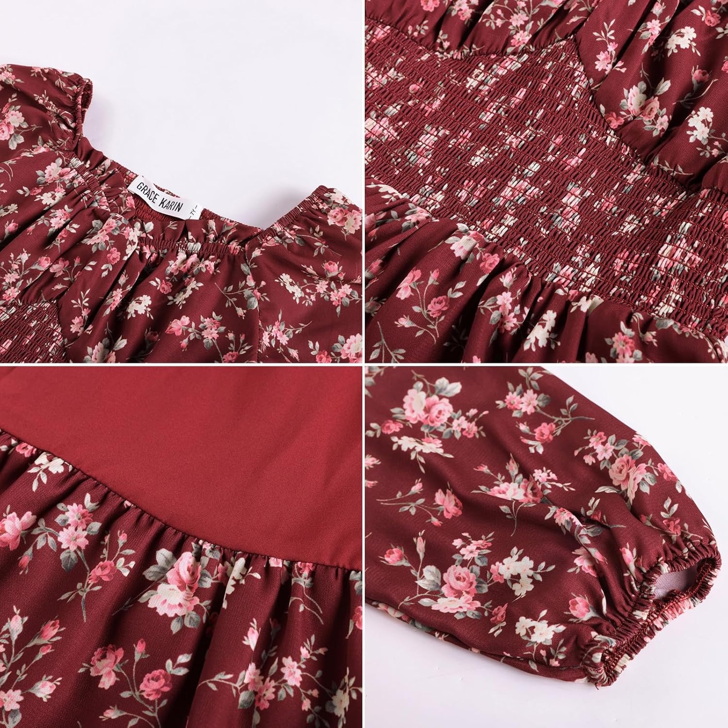 image:imageGRACE KARIN Girls Fall Long Sleeve Floral Christmas Cute Shirred Dress 716Winered Flowers