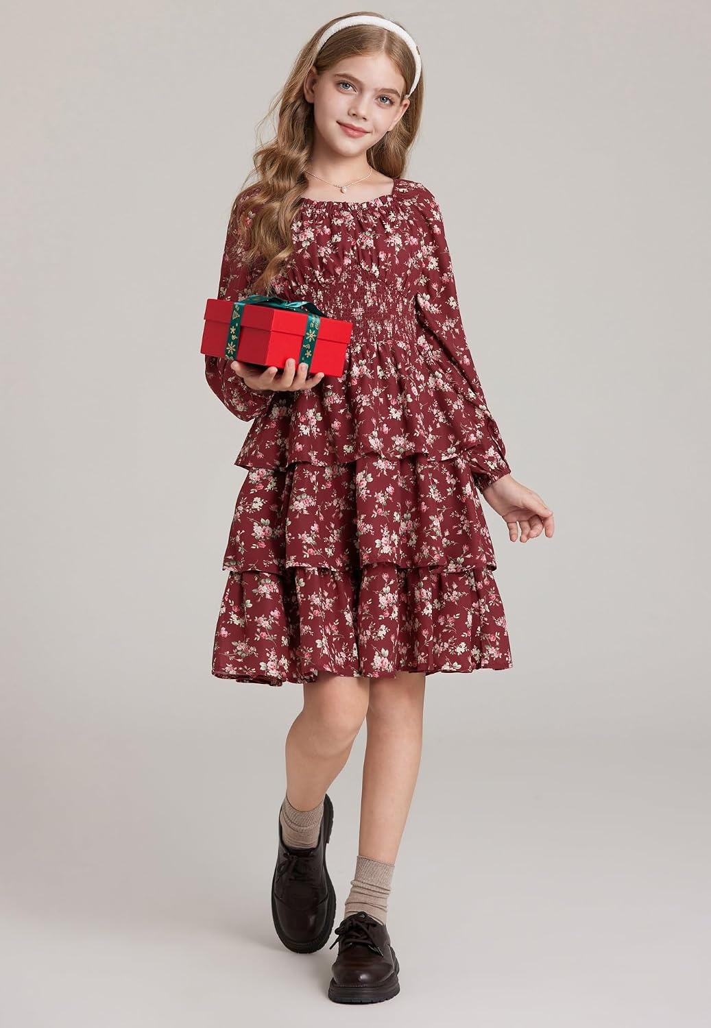 image:imageGRACE KARIN Girls Fall Long Sleeve Floral Christmas Cute Shirred Dress 716Winered Flowers