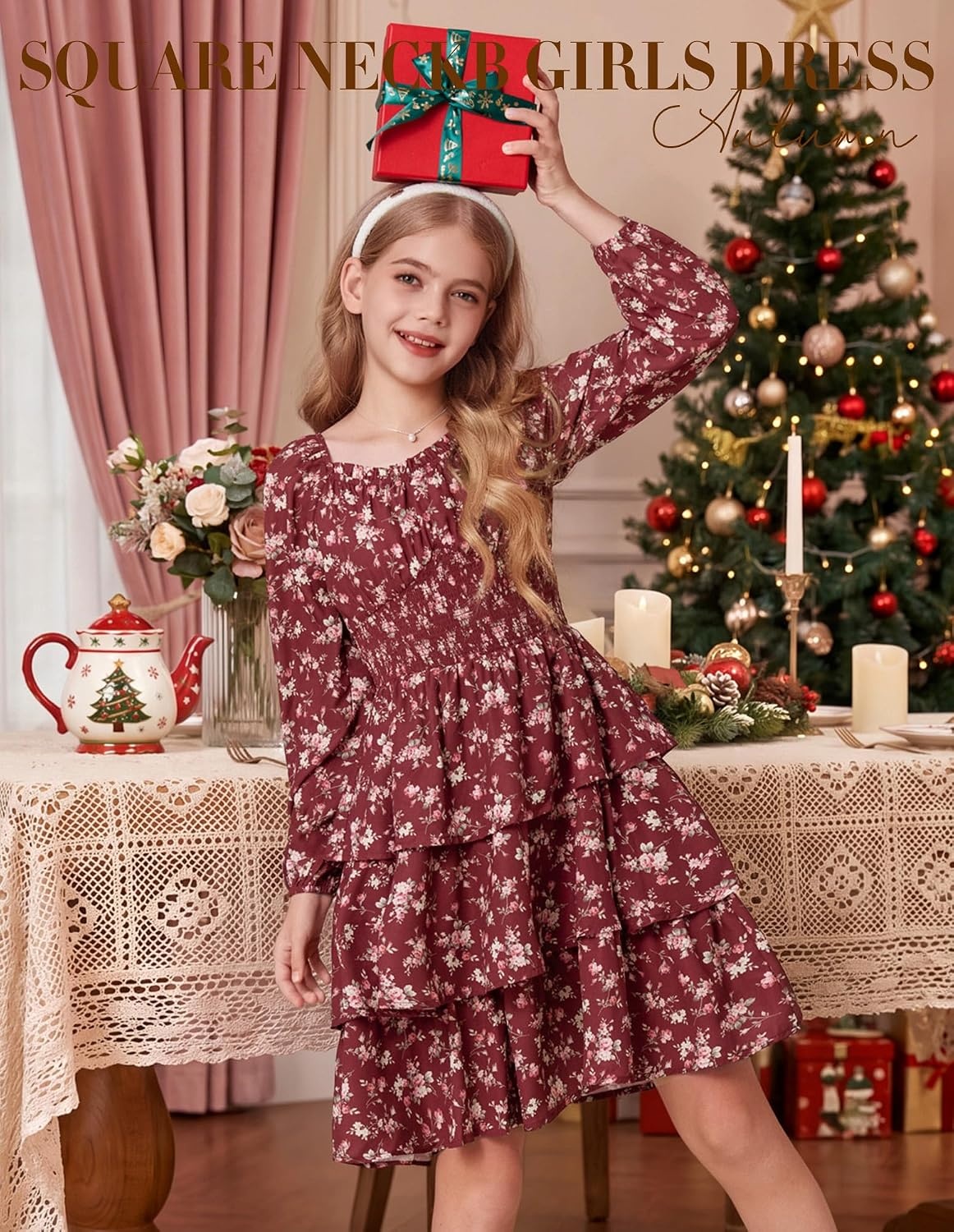 image:imageGRACE KARIN Girls Fall Long Sleeve Floral Christmas Cute Shirred Dress 716Winered Flowers