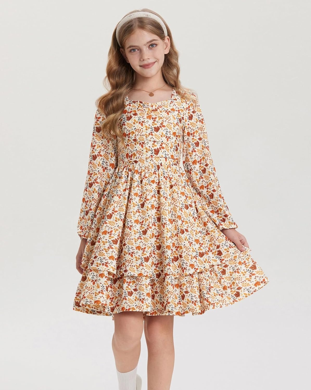 image:imageGRACE KARIN Girls Fall Long Sleeve Floral Tiered Casual Flowy Dresses 714Brown Floral