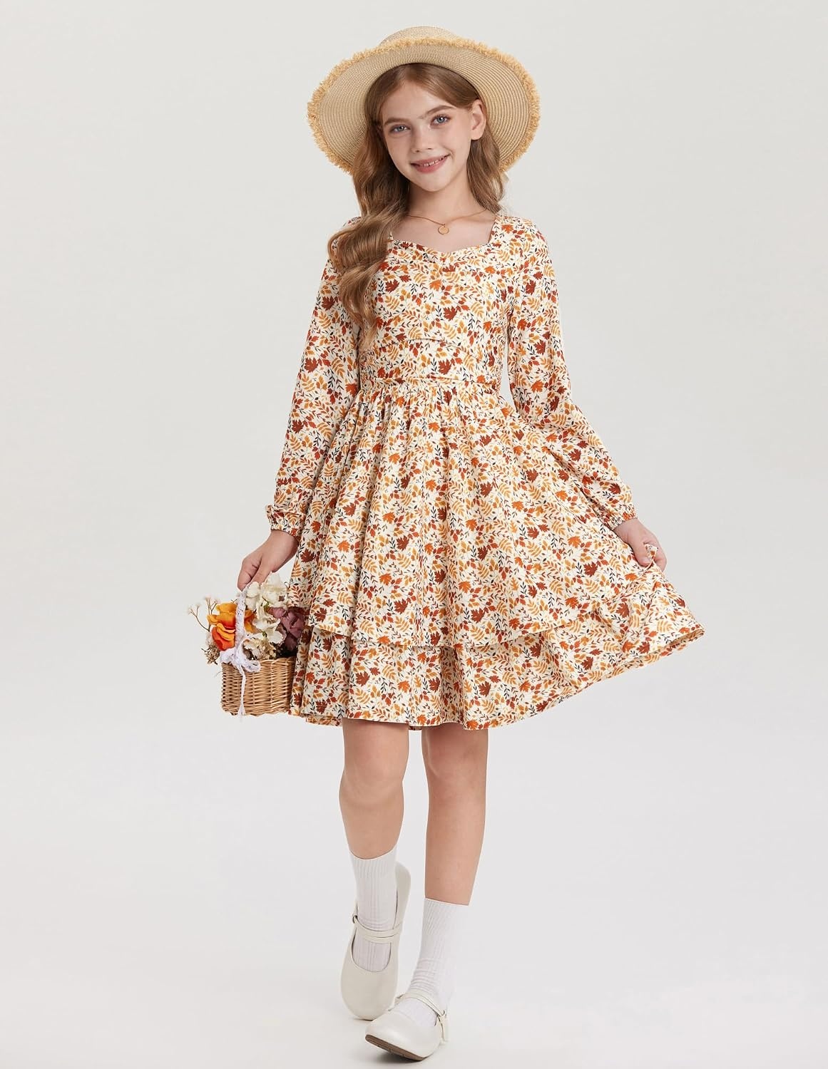 image:imageGRACE KARIN Girls Fall Long Sleeve Floral Tiered Casual Flowy Dresses 714Brown Floral