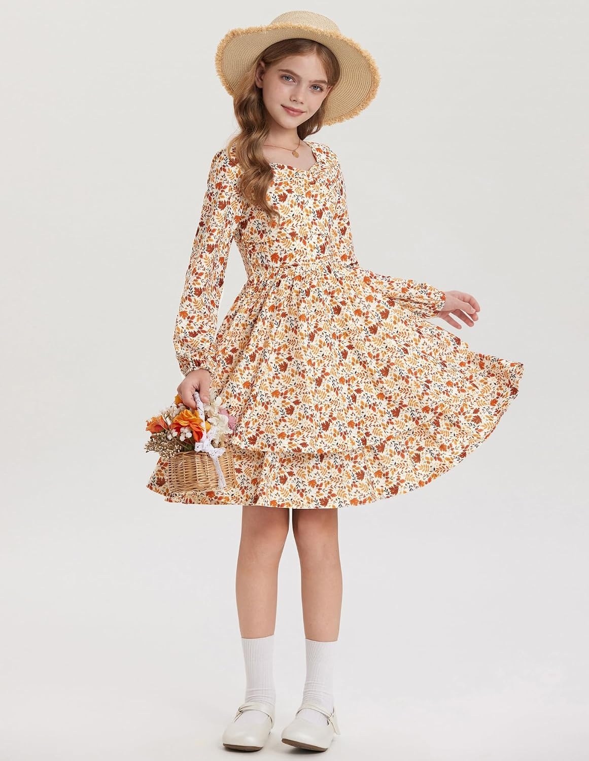 image:imageGRACE KARIN Girls Fall Long Sleeve Floral Tiered Casual Flowy Dresses 714Brown Floral