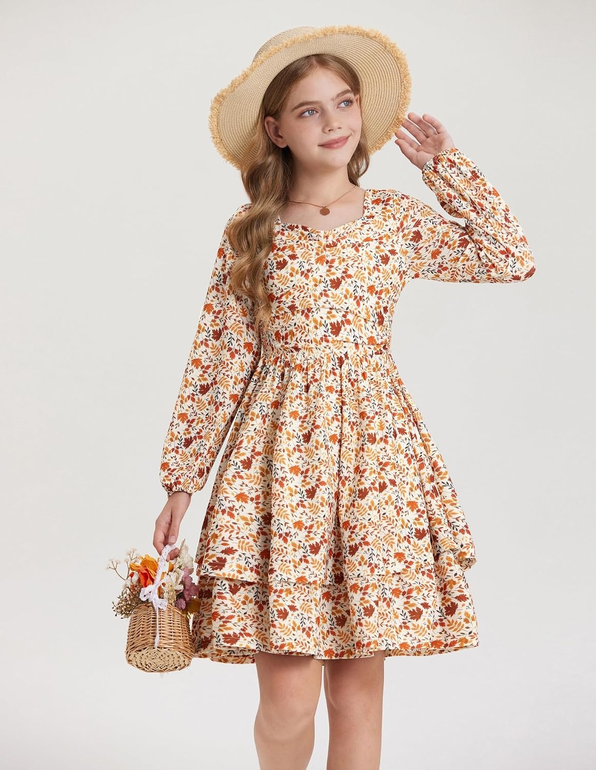 image:imageGRACE KARIN Girls Fall Long Sleeve Floral Tiered Casual Flowy Dresses 714Brown Floral