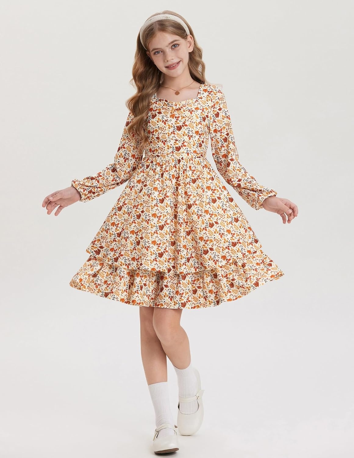 image:imageGRACE KARIN Girls Fall Long Sleeve Floral Tiered Casual Flowy Dresses 714Brown Floral