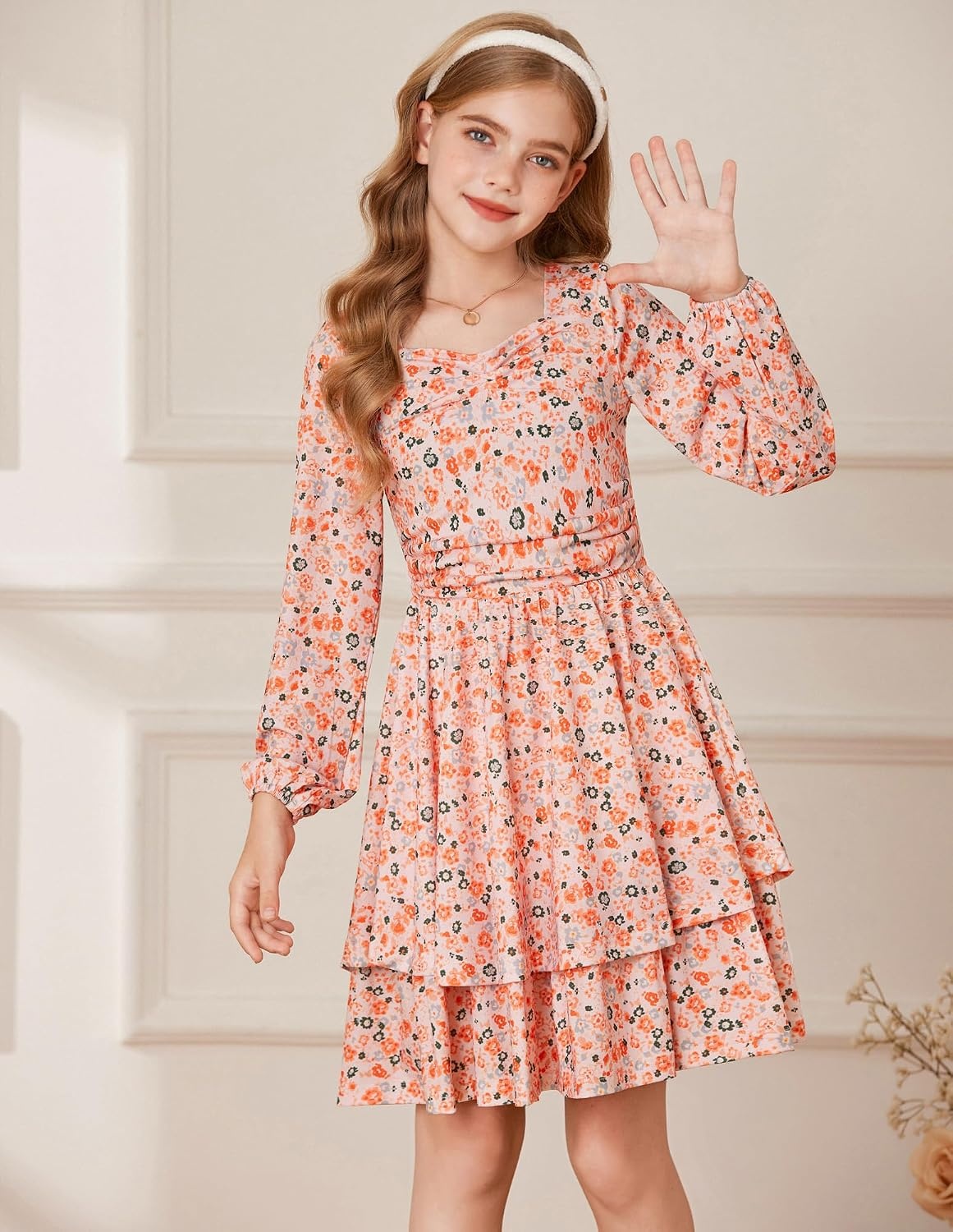 image:imageGRACE KARIN Girls Fall Long Sleeve Floral Tiered Casual Flowy Dresses 714Orange Floral