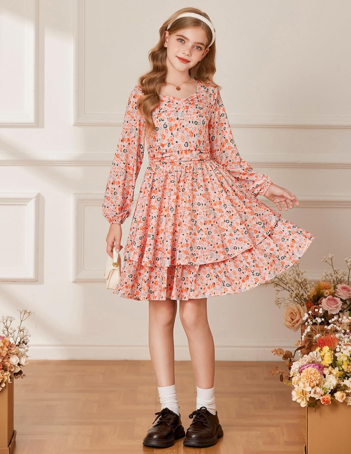 image:imageGRACE KARIN Girls Fall Long Sleeve Floral Tiered Casual Flowy Dresses 714Orange Floral