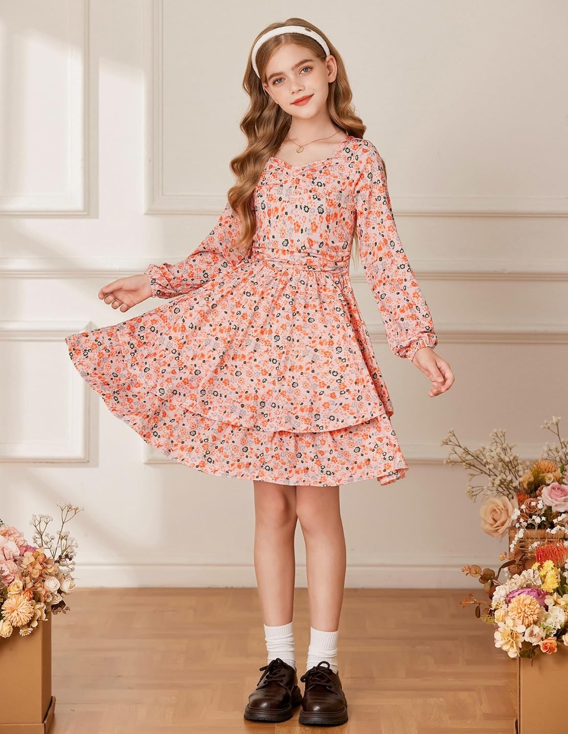 image:imageGRACE KARIN Girls Fall Long Sleeve Floral Tiered Casual Flowy Dresses 714Orange Floral