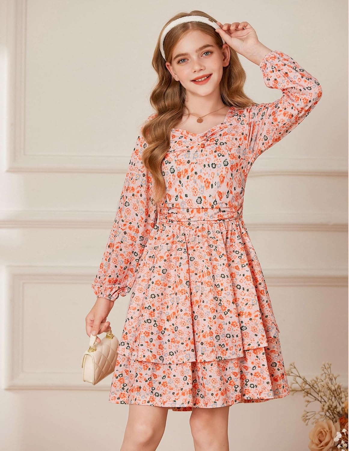 image:imageGRACE KARIN Girls Fall Long Sleeve Floral Tiered Casual Flowy Dresses 714Orange Floral