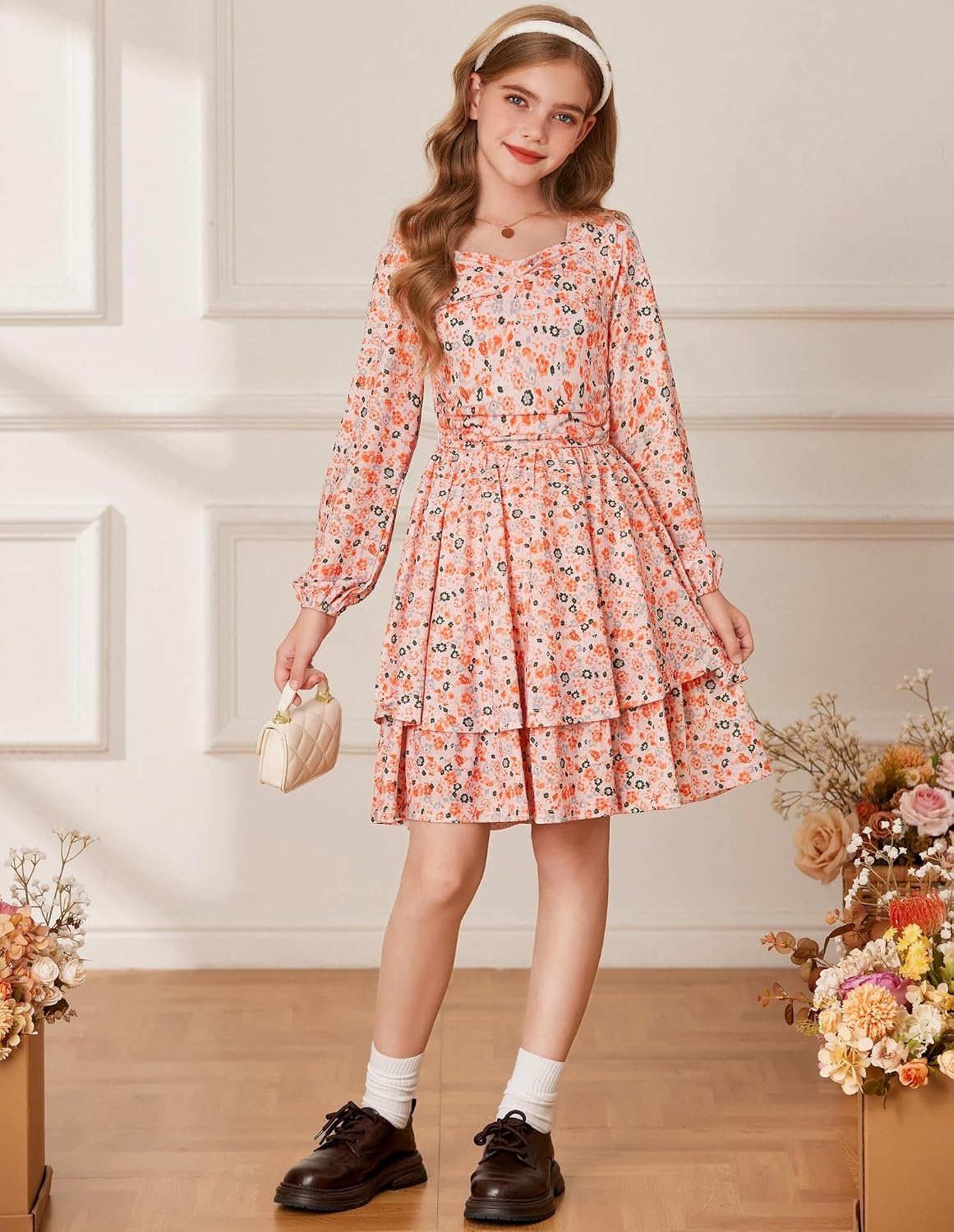 image:imageGRACE KARIN Girls Fall Long Sleeve Floral Tiered Casual Flowy Dresses 714Orange Floral