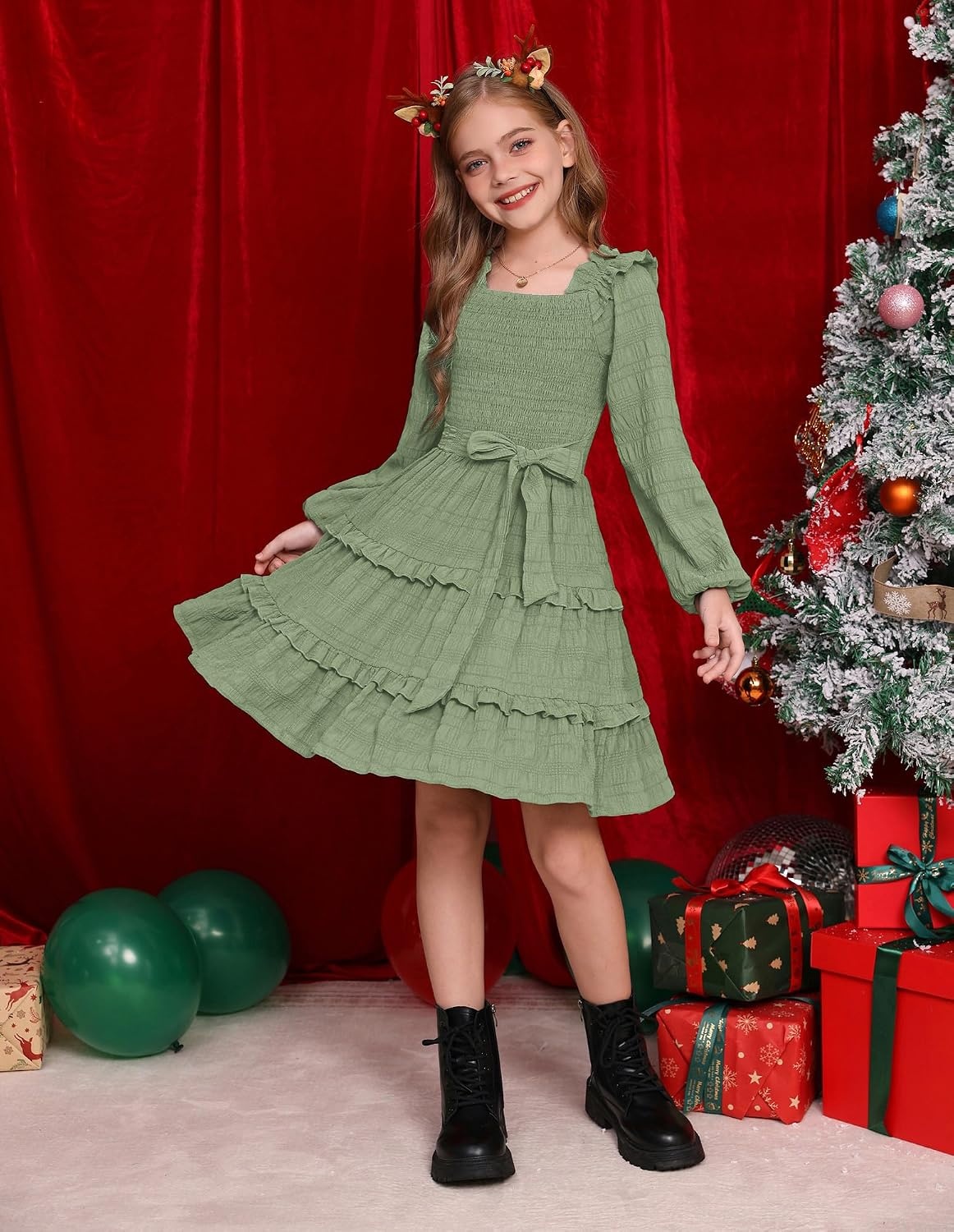 image:imageGRACE KARIN Girls Fall Long Sleeves Casual Christmas Party Festive DressesSage Green