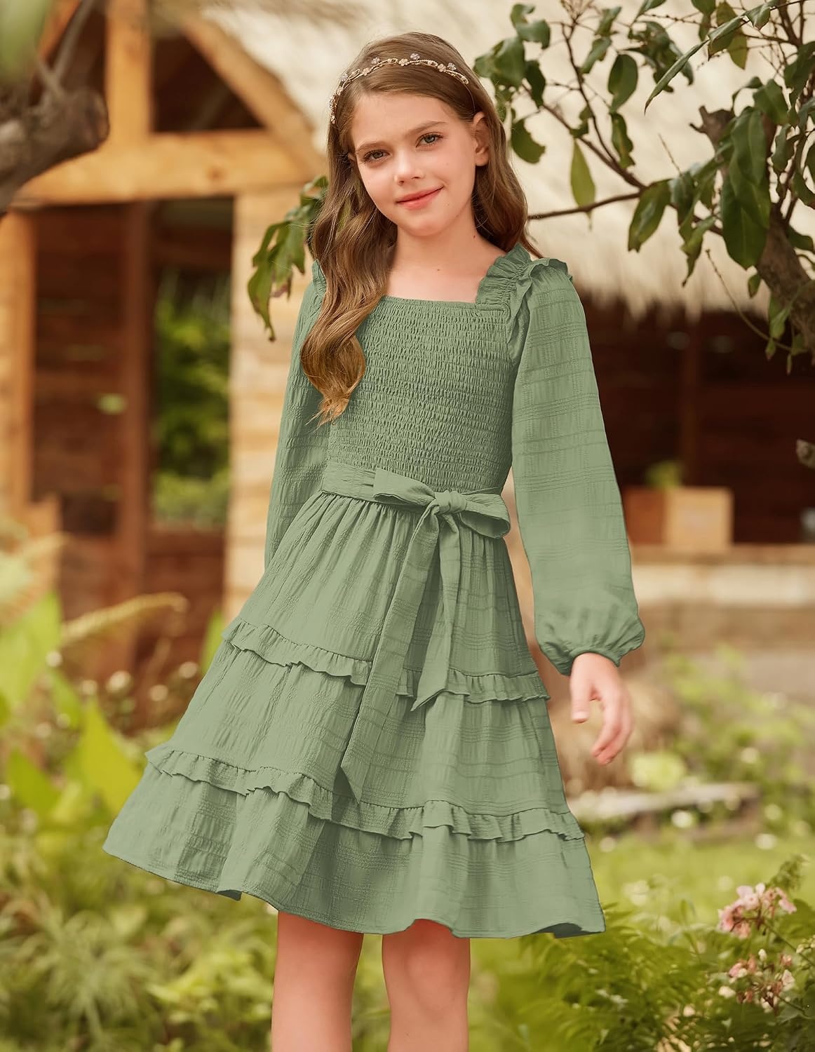 image:imageGRACE KARIN Girls Fall Long Sleeves Casual Christmas Party Festive DressesSage Green