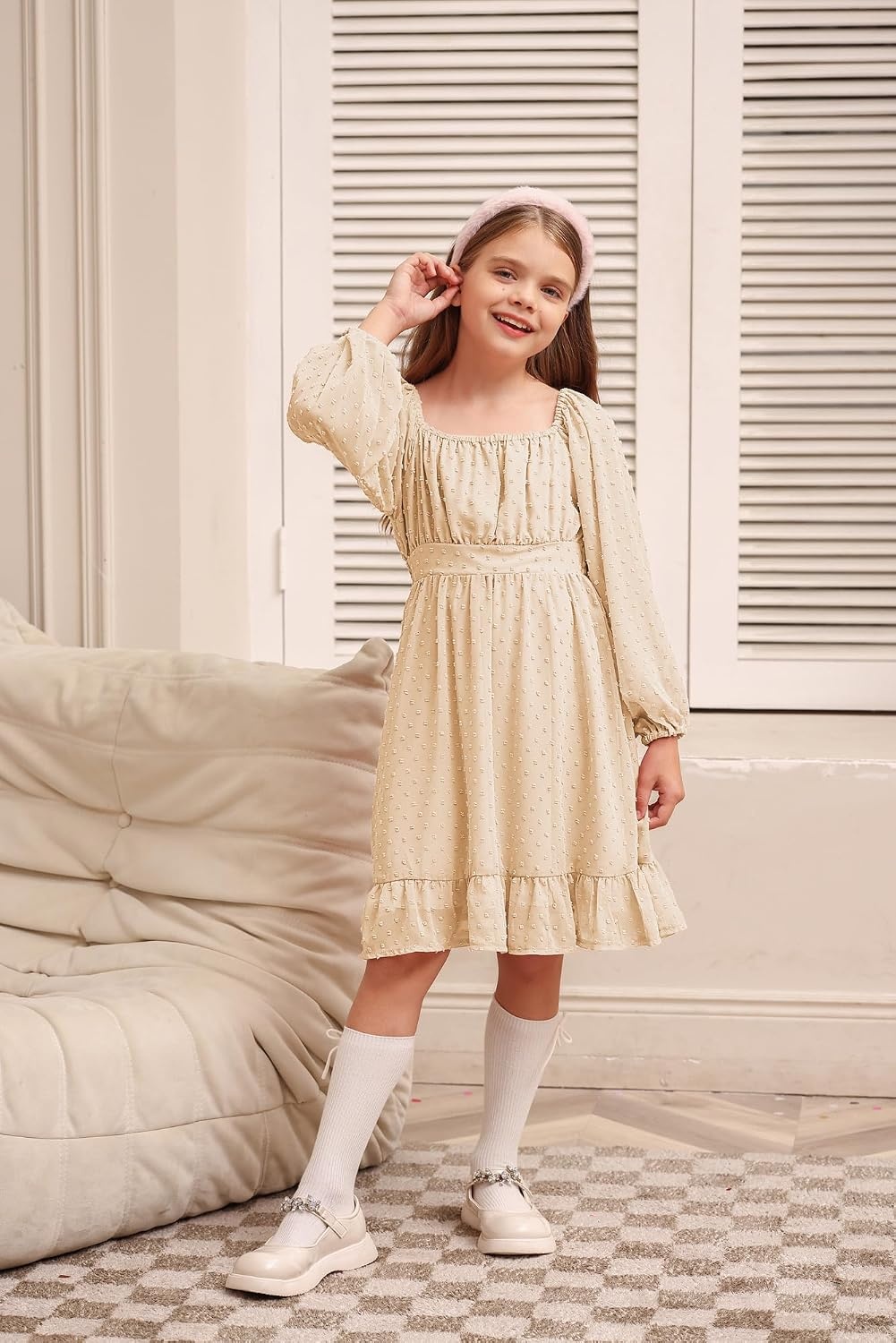 image:imageGRACE KARIN Girls Fall Winter Dress Long Sleeve Casual Party Outfit 614Apricot