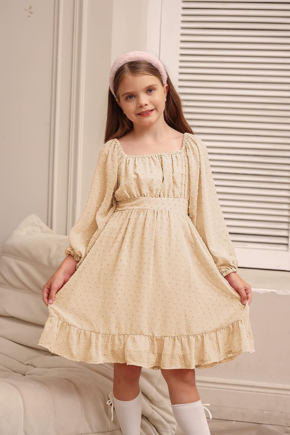 image:imageGRACE KARIN Girls Fall Winter Dress Long Sleeve Casual Party Outfit 614Apricot