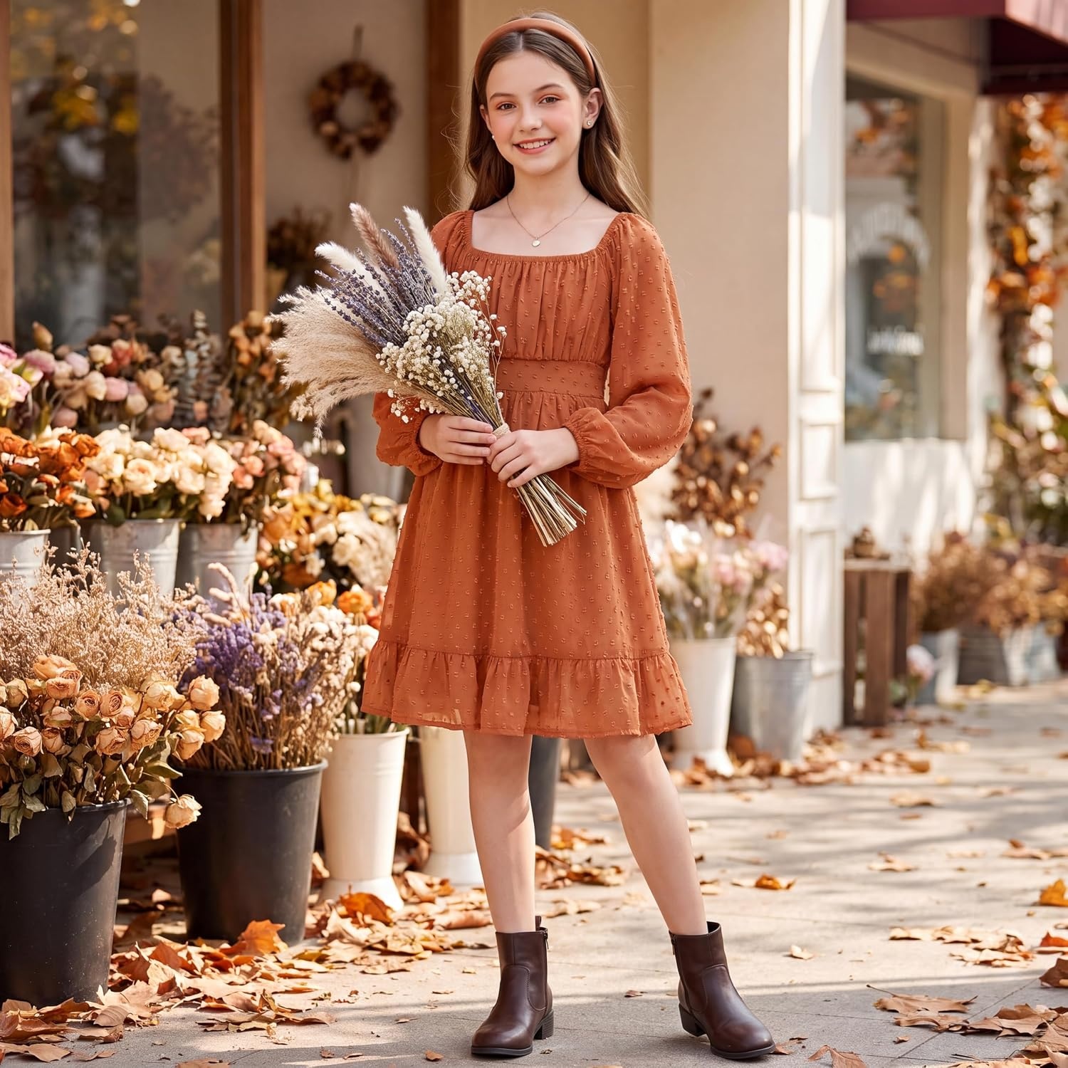 image:imageGRACE KARIN Girls Fall Winter Dress Long Sleeve Casual Party Outfit 614Burnt Orange