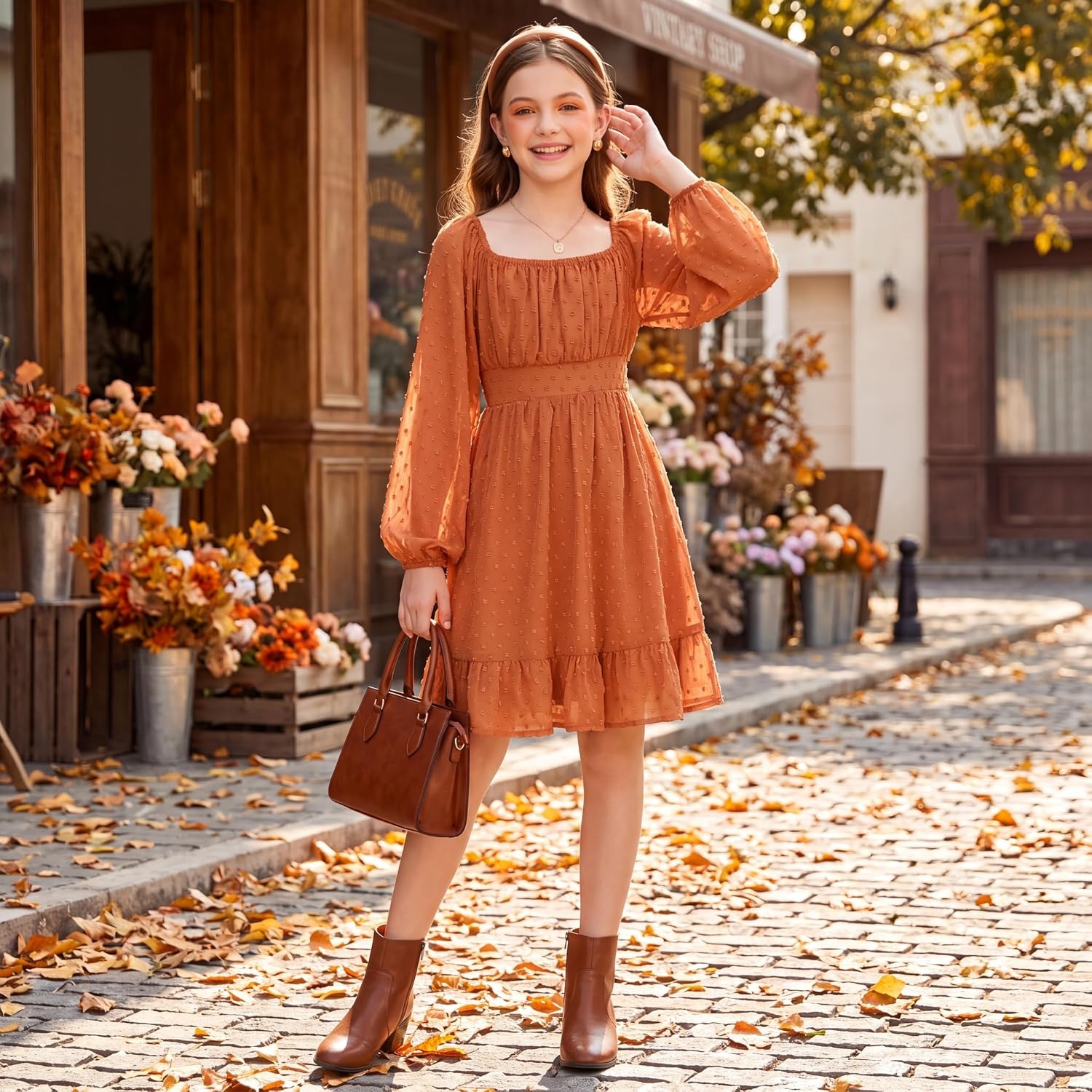 image:imageGRACE KARIN Girls Fall Winter Dress Long Sleeve Casual Party Outfit 614Burnt Orange