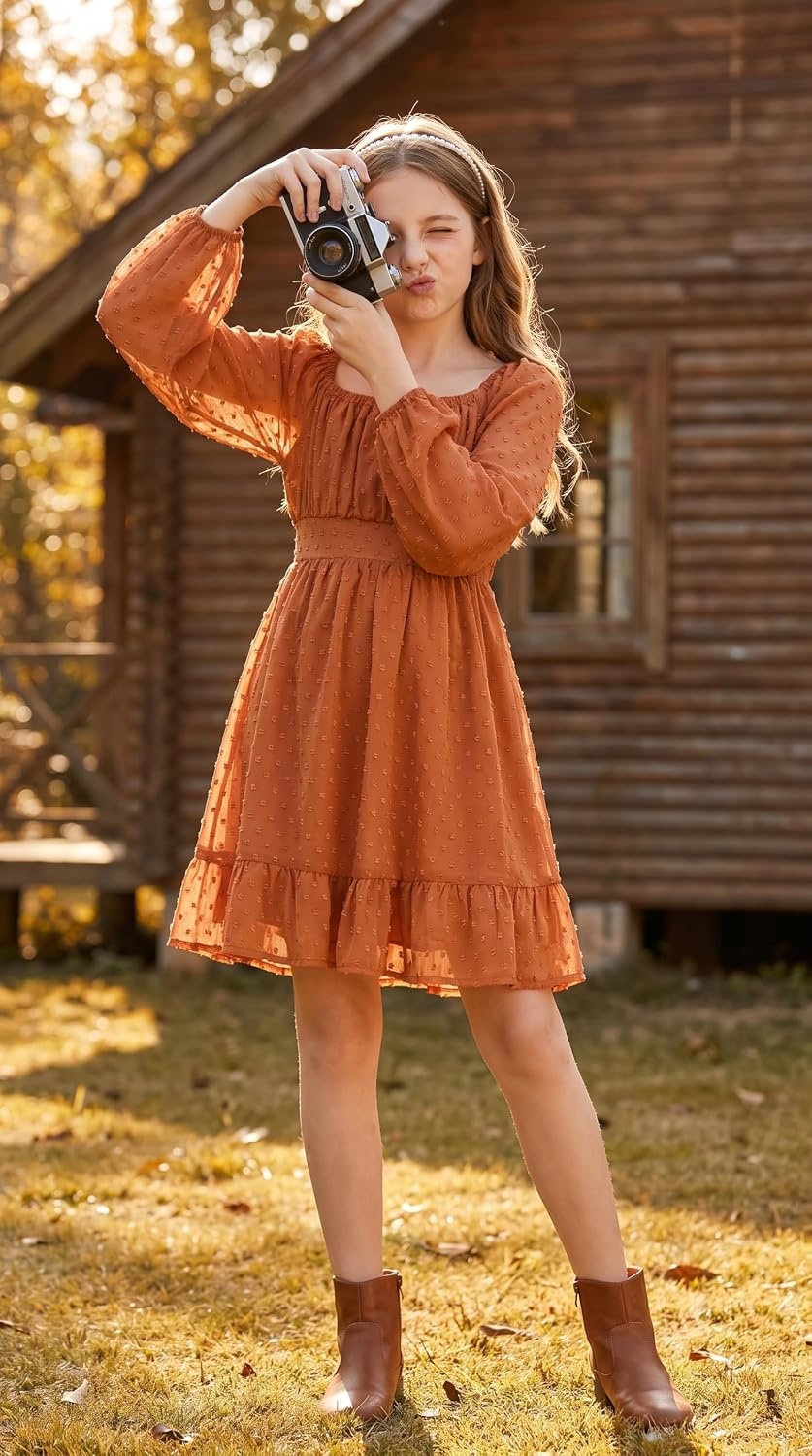 image:imageGRACE KARIN Girls Fall Winter Dress Long Sleeve Casual Party Outfit 614Burnt Orange